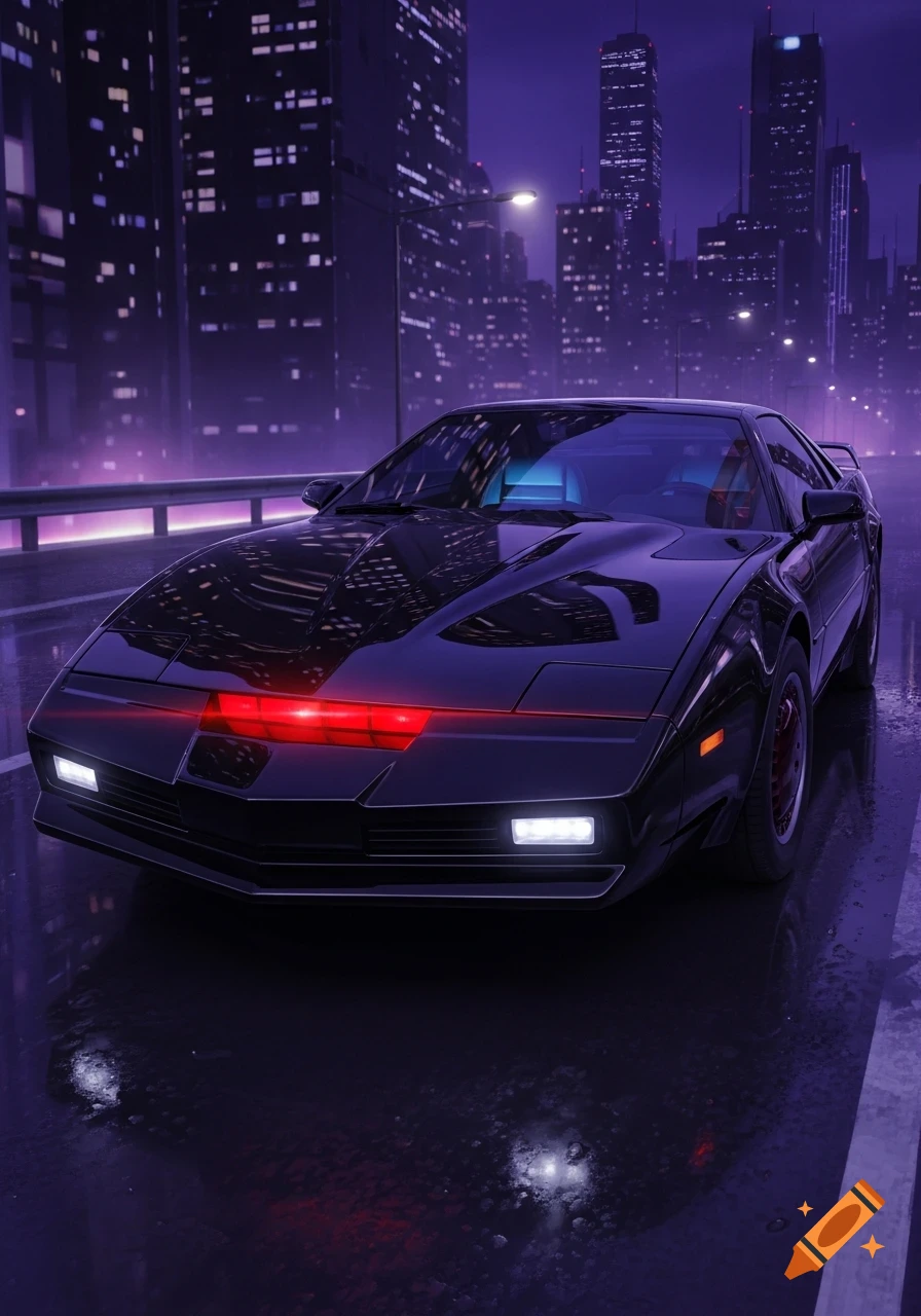A black K.I.T.T. car with a red scanner light on a wet city street at night, purple illuminated skyscrapers in the background. Photorealistic.