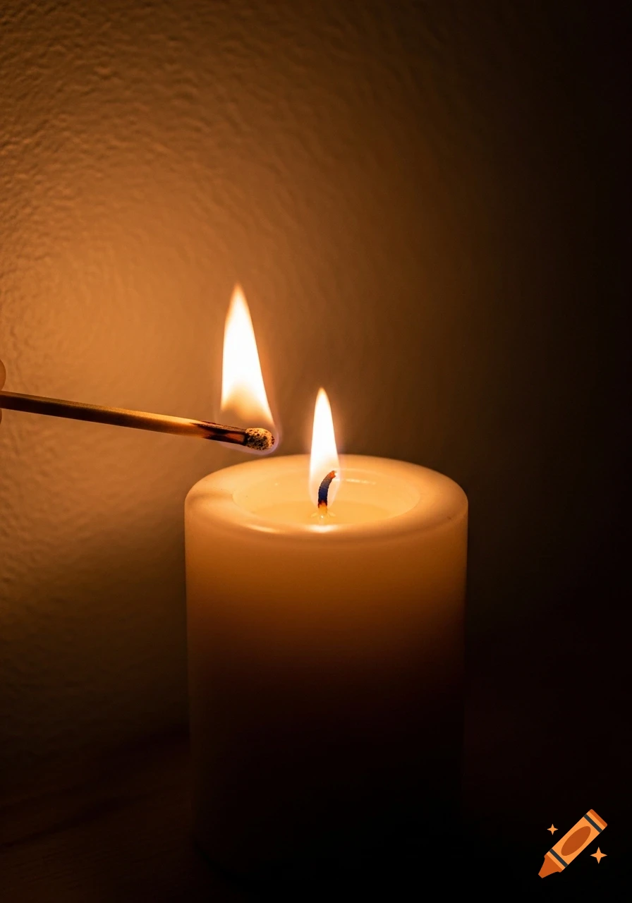 A lit matchstick igniting a white pillar candle in a dark setting, casting a warm glow.