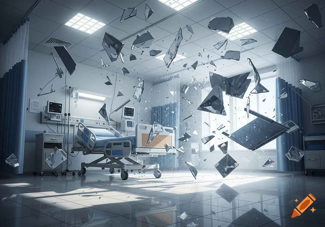 A photorealistic hospital room with a bed and medical equipment appears to shatter, with sharp glass fragments floating in the air.