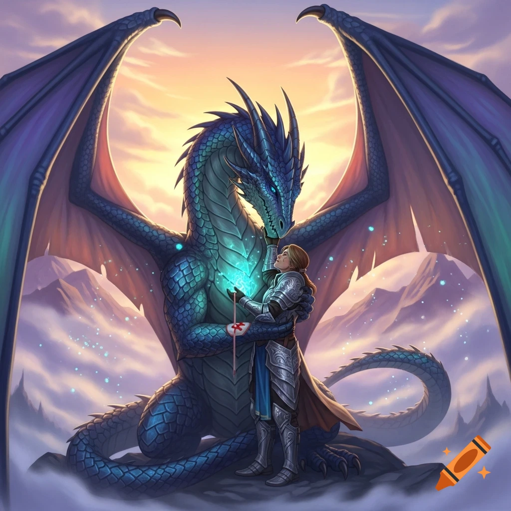 A large, scaly blue dragon with huge wings gently embraces an armored human cleric holding a glowing staff, against a sunset mountain backdrop.