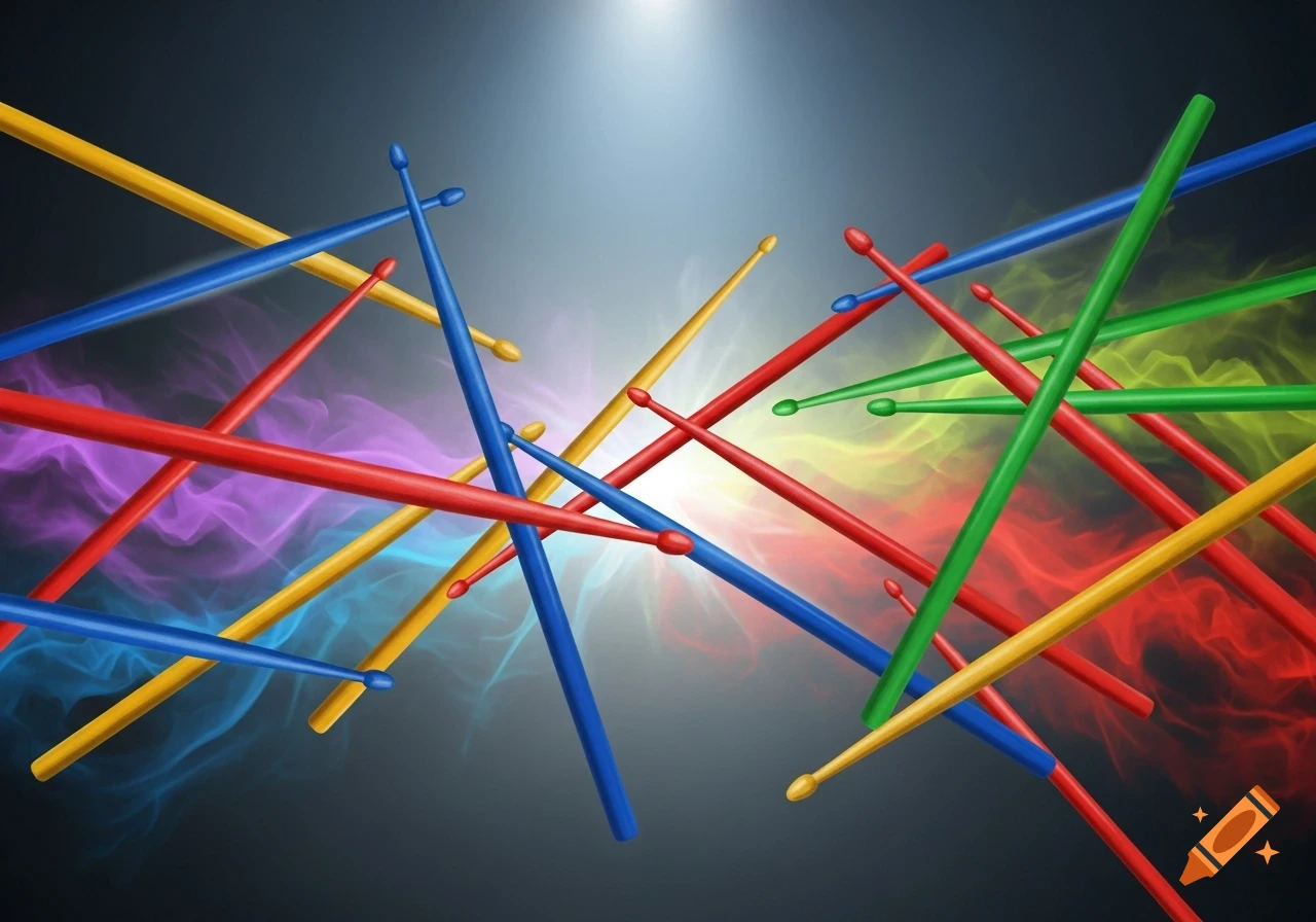 Multicolored drumsticks in red, blue, green, and yellow arranged dynamically against a dark, smoky background with a bright light source.