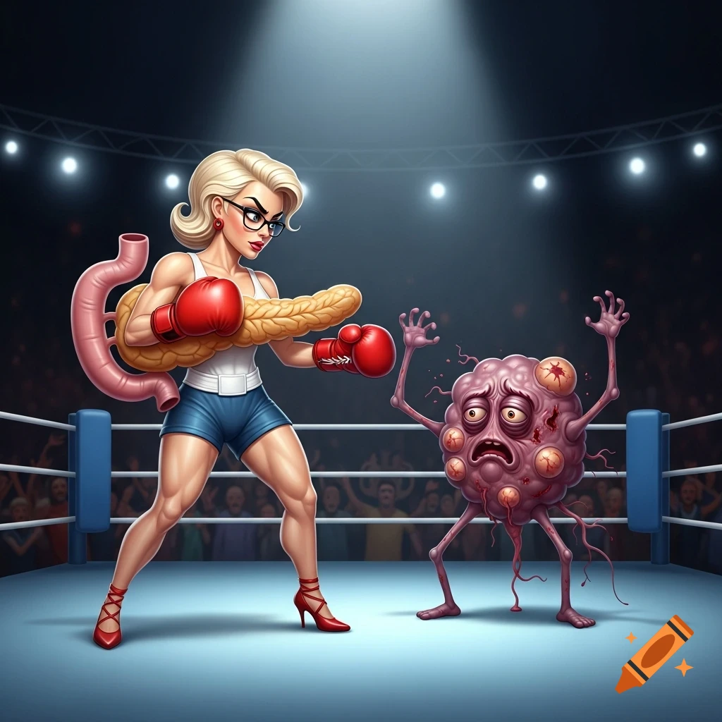 A cartoon female boxer with a pancreas for a torso punches a grotesque tumor in a boxing ring under spotlights.