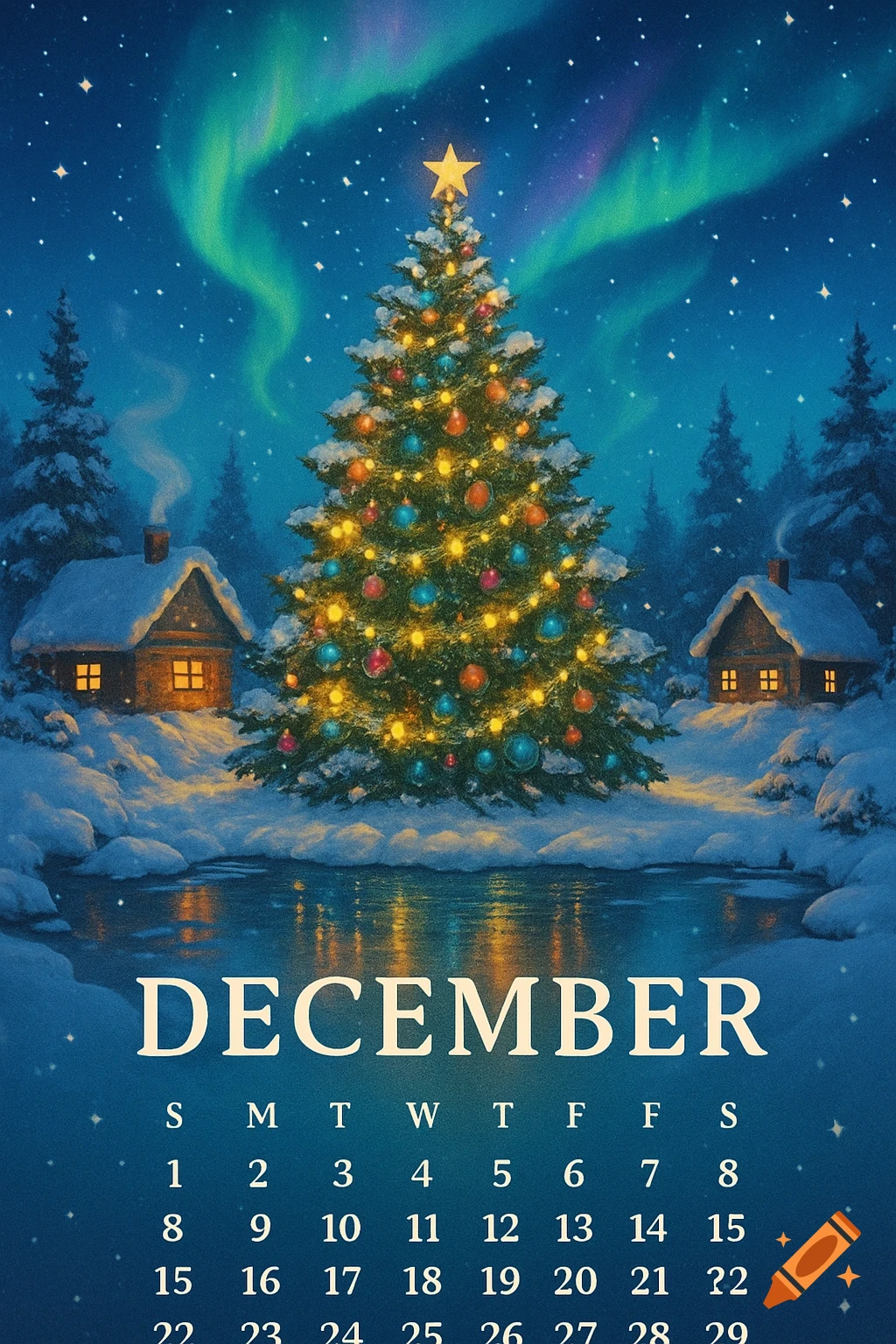 A festive December poster with a decorated Christmas tree by a reflective pond, snow-covered cabins, and the Northern Lights under a starry sky. A calendar grid for December is below.