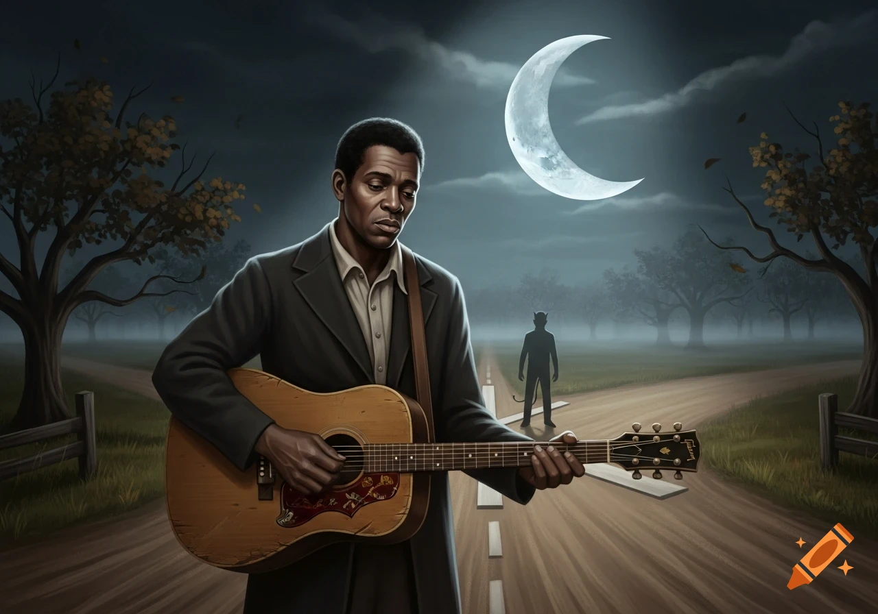 A man resembling Robert Johnson plays an acoustic guitar at a moonlit crossroads, facing a silhouetted devil with horns and a tail.