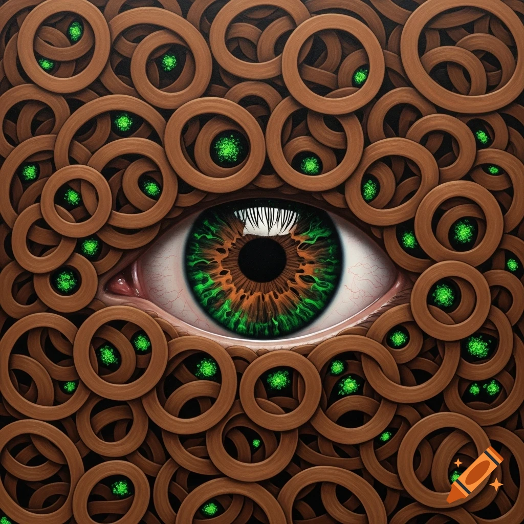 A hyperrealistic eye with a green and brown iris centered amidst an abstract background of brown intertwining loops with glowing green specks.