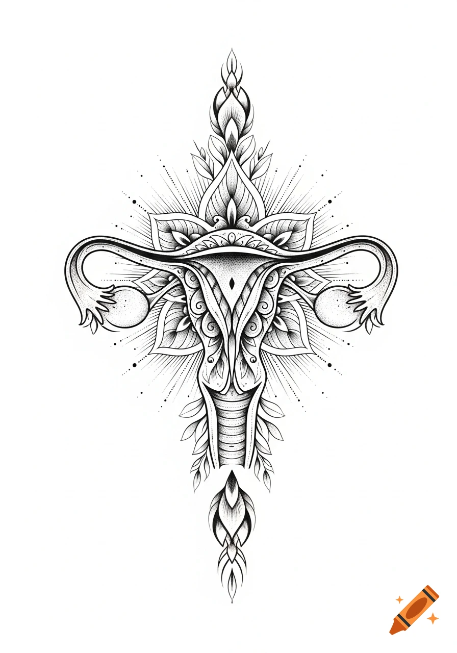 Black and white fineline tattoo design of a stylized tribal uterus surrounded by ornamental lotus and leaf patterns.