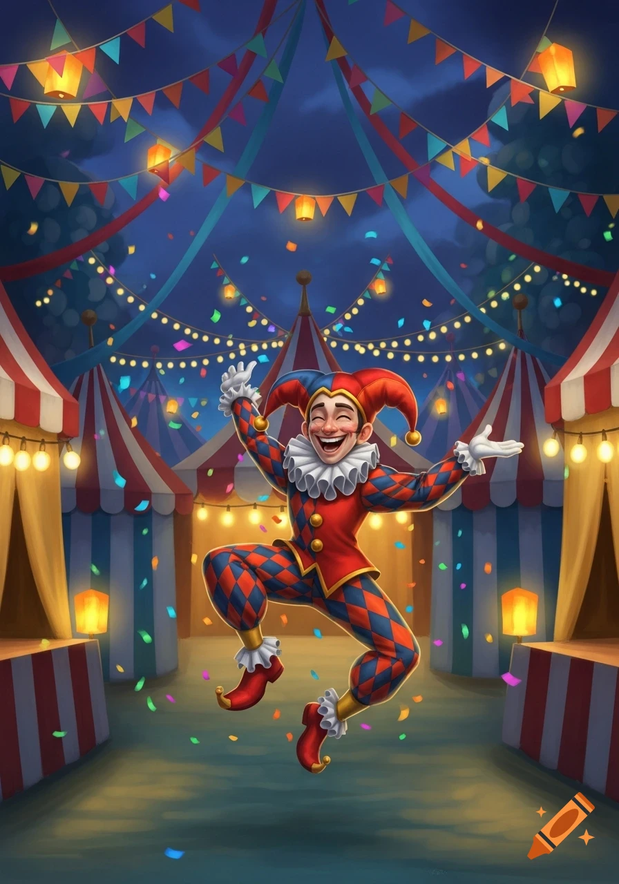 A cheerful jester in a red and blue costume jumps joyfully at a festive night carnival with tents, lights, and falling confetti.