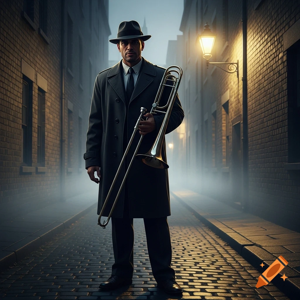 A man in a fedora and trench coat holds a trombone in a foggy, cobblestone alleyway, lit by a single gas lamp, in a noir style.