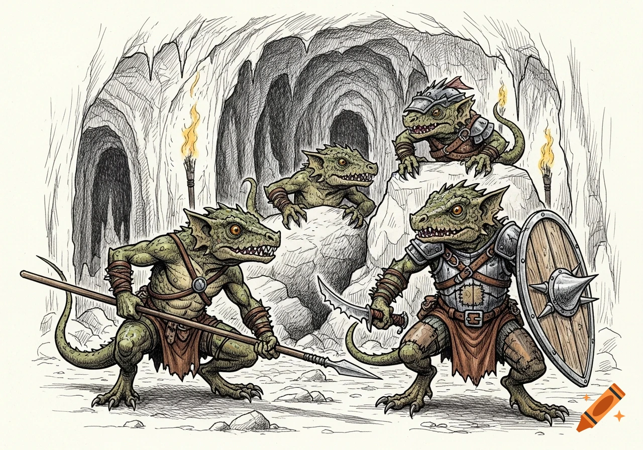 Four green, lizard-like kobolds with weapons and armor in a cave, depicted in a hand-drawn fantasy art style.
