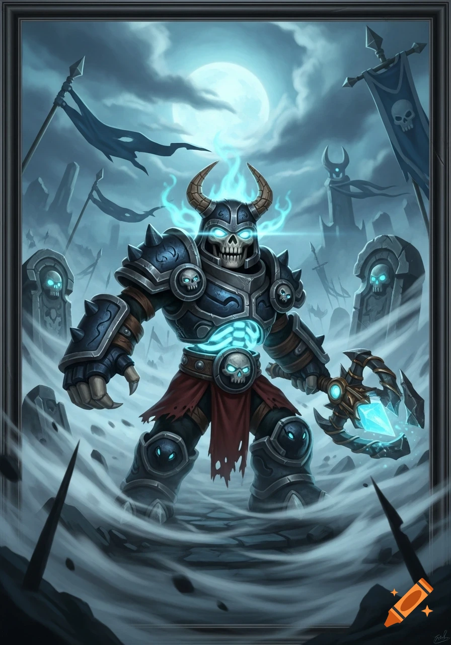 A skeletal warrior in blue and black armor with glowing accents, holding a crystal staff in a foggy graveyard under a full moon, cartoon style.