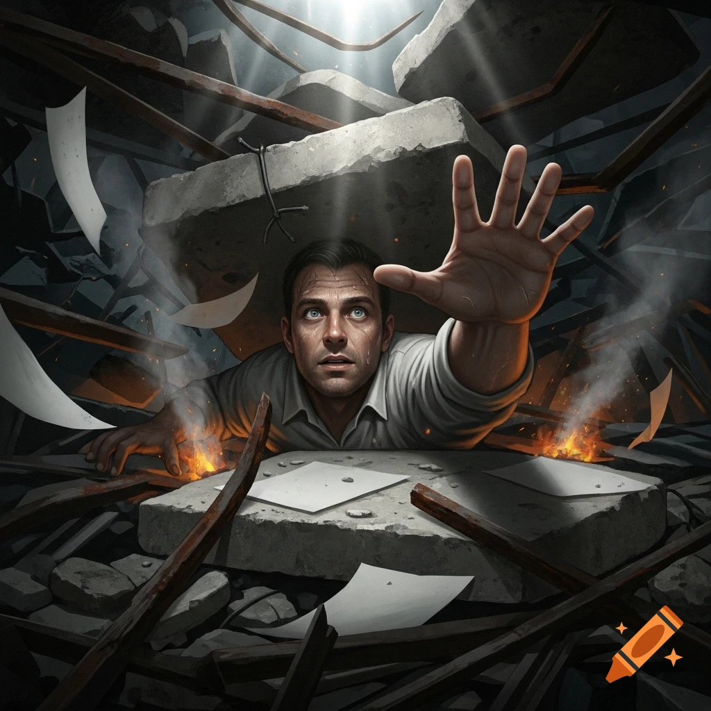 Distressed man, covered in dust, reaching out while trapped under concrete rubble with smoke and flames around.