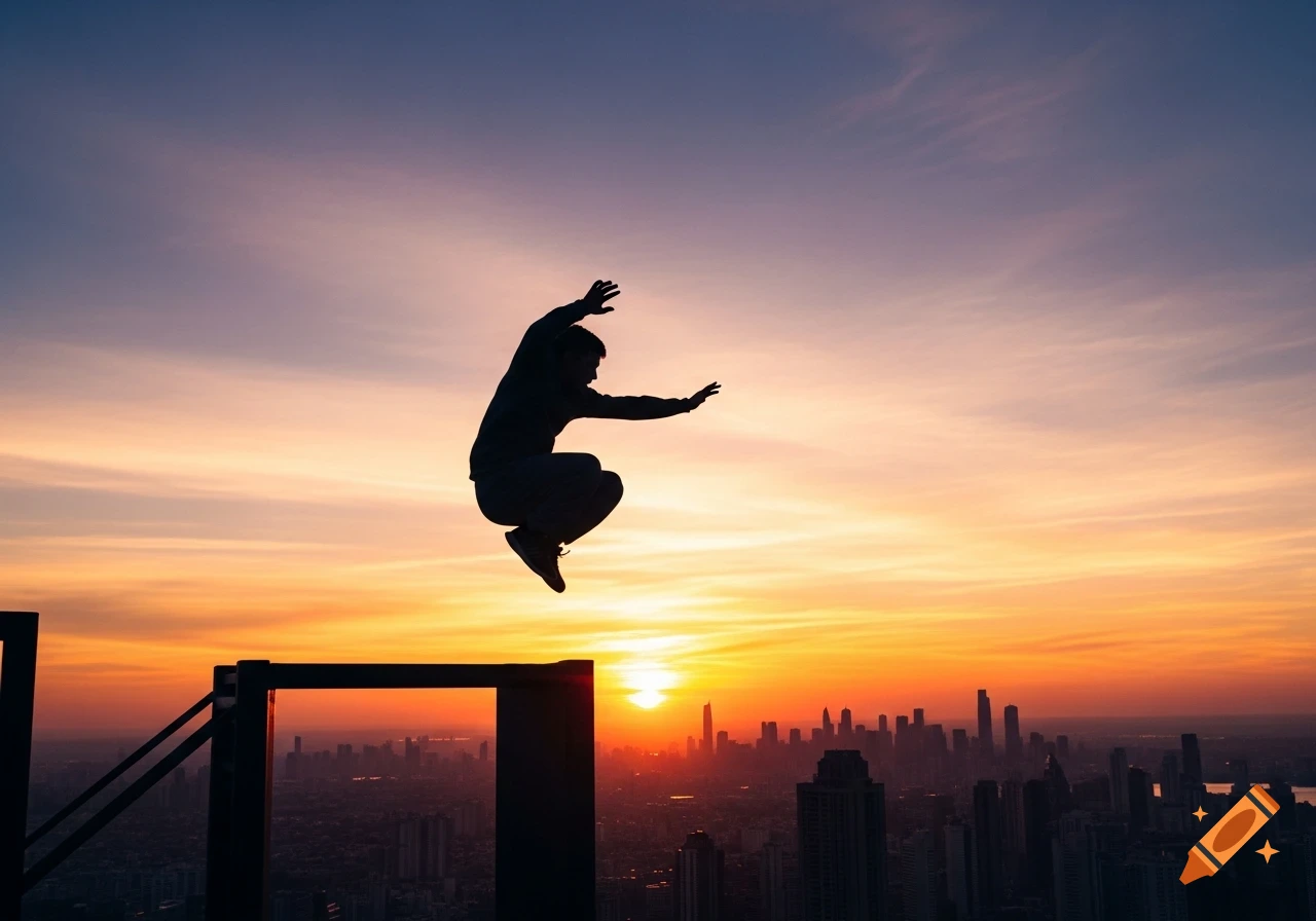 A person's silhouette leaps over a high-rise building with a vibrant orange and purple sunset and city skyline in the background.
