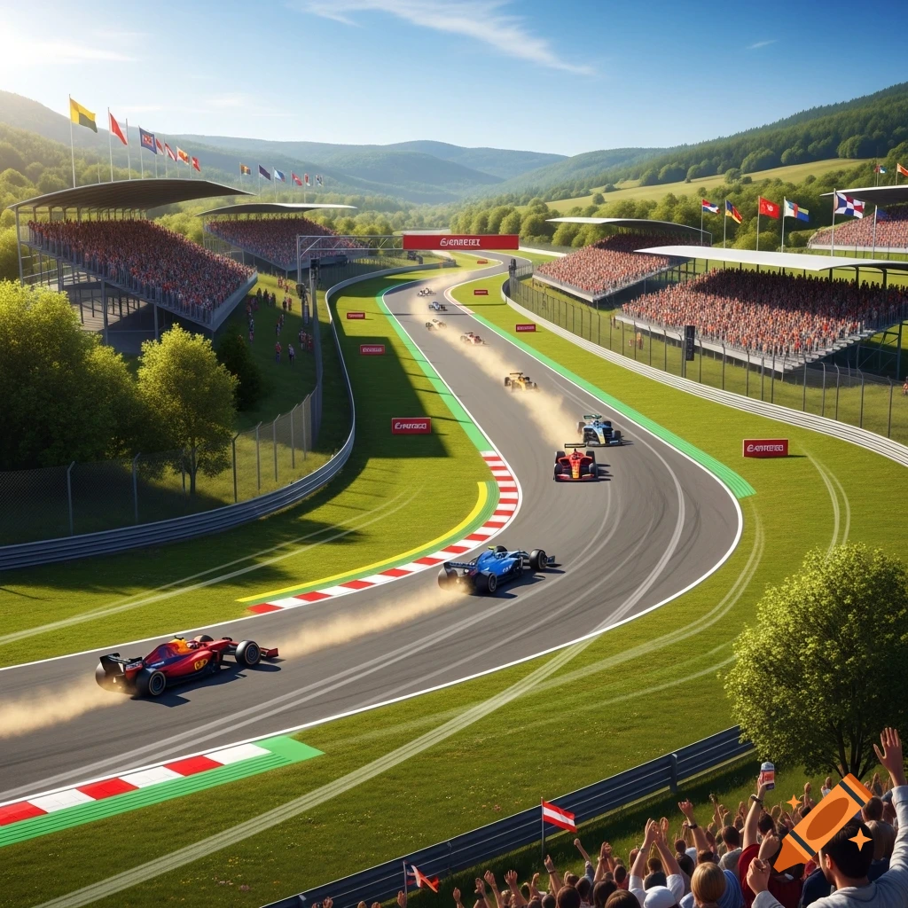 Aerial view of Formula 1 race cars speeding around a lush green track with packed grandstands under a blue sky.