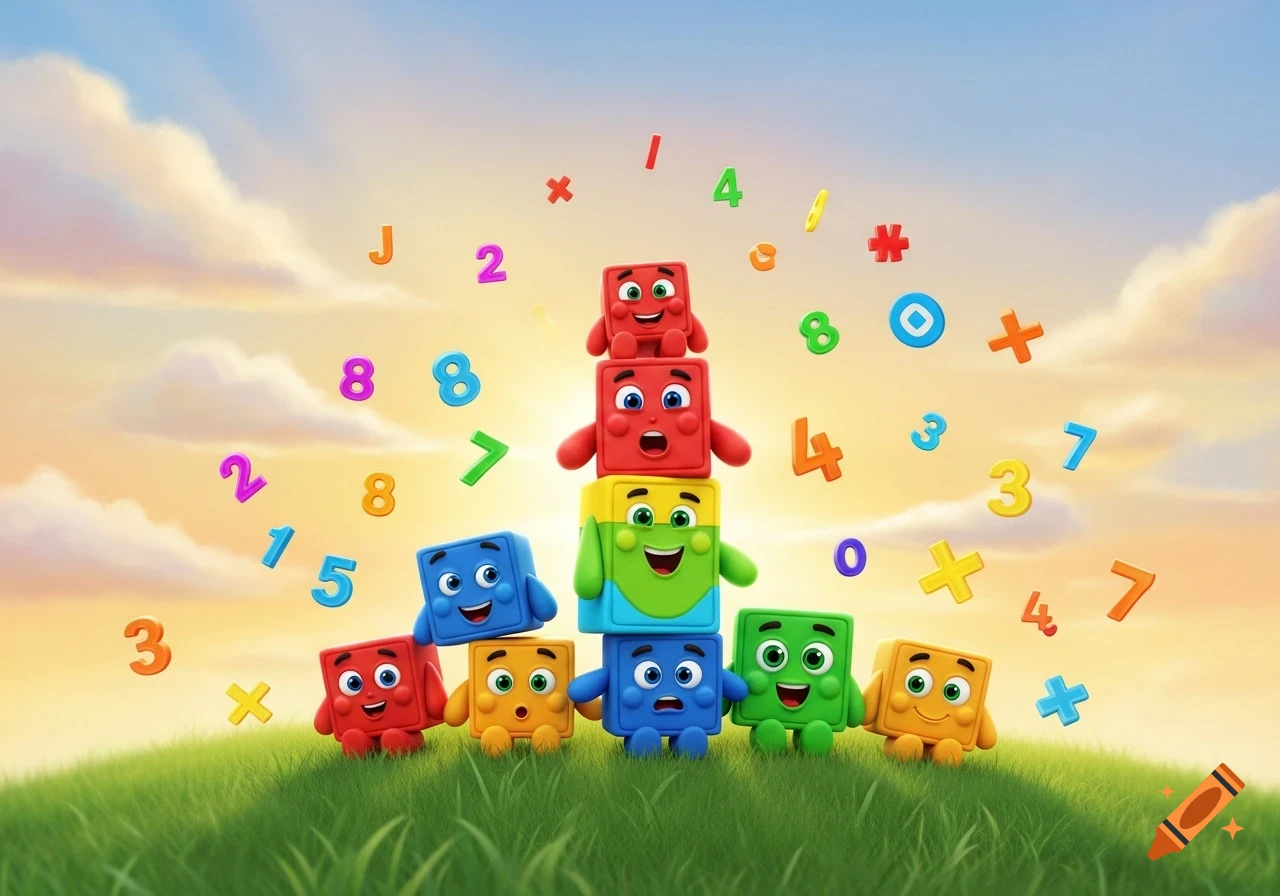Colorful cube-shaped Numberblocks characters stacked on a grassy hill under a sunny sky, surrounded by floating numbers and math symbols.