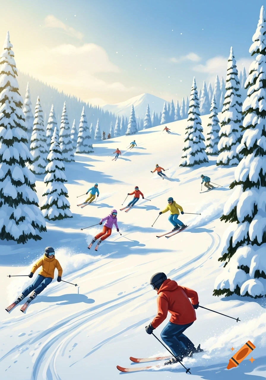 Vibrant illustration of numerous skiers in colorful outfits descending a snowy mountain slope with snow-covered evergreen trees.