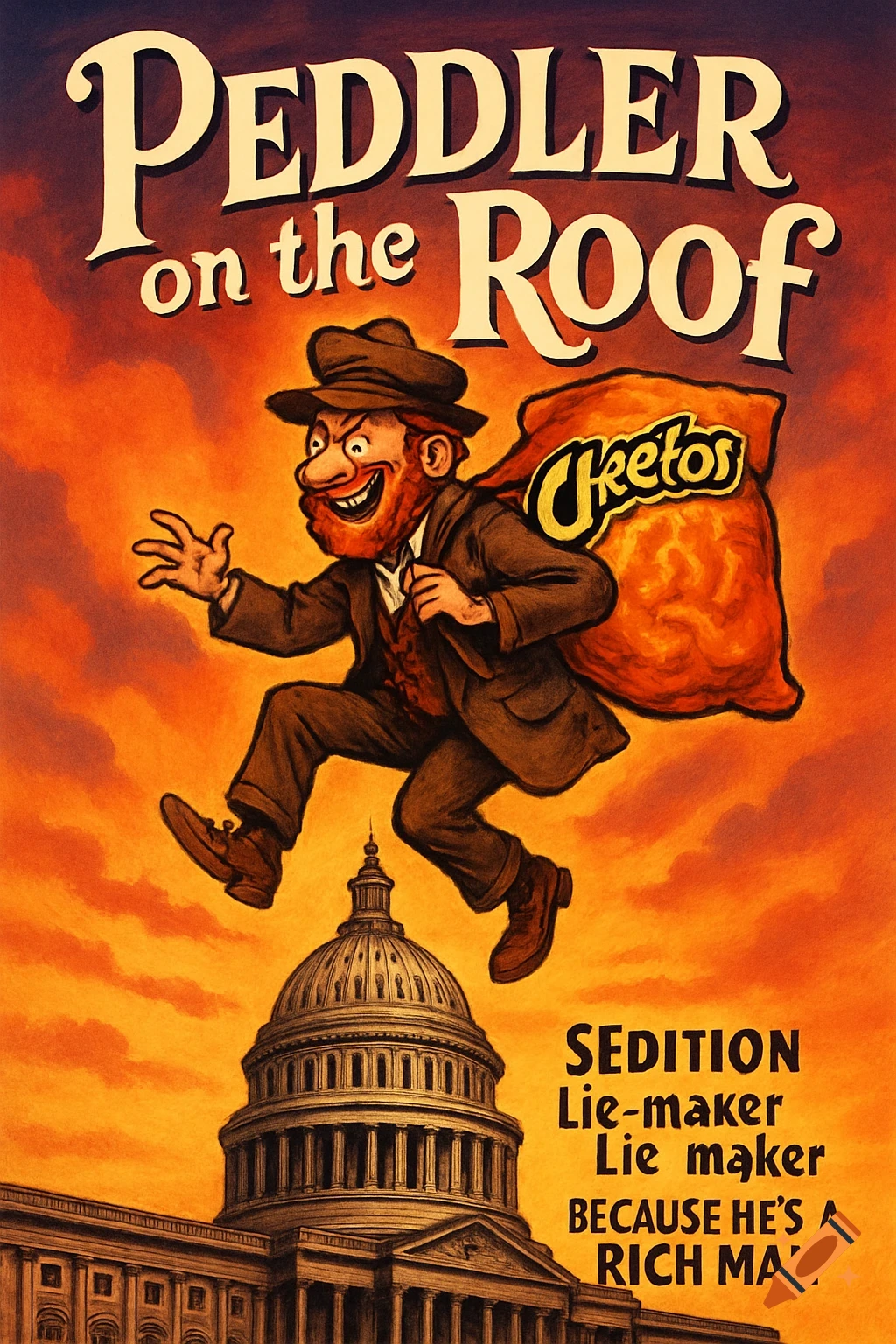 A satirical poster for 'Peddler on the Roof' showing a cartoon man with Cheetos jumping over the US Capitol.