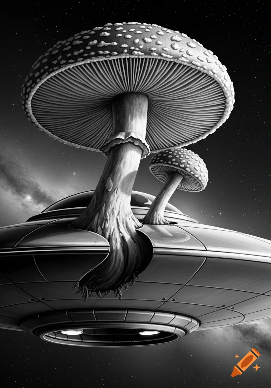 Black and white illustration of large, spotted mushrooms growing from a UFO in a starry space environment.