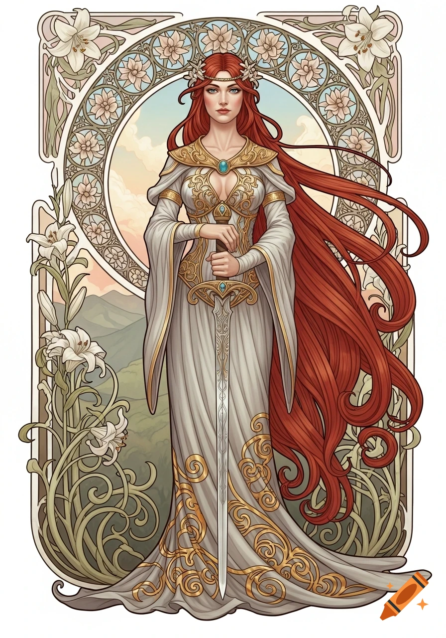An Art Nouveau illustration of a regal red-haired woman in a white gown, holding a sword, framed by ornate lilies.
