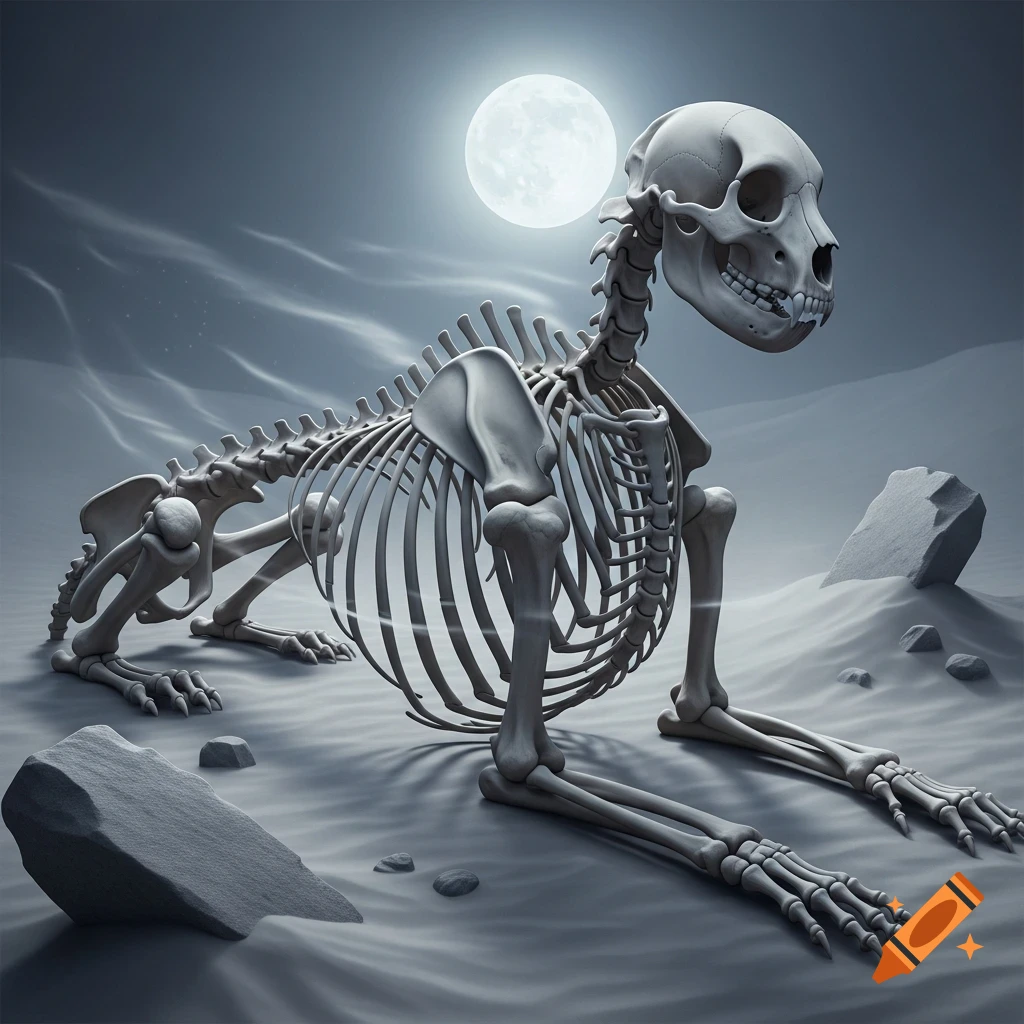 A skeletal sphinx with a lion's body and human skull sits in a grey desert under a full moon.
