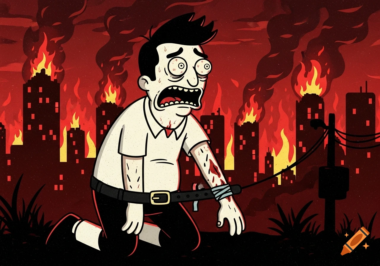 A terrified cartoon man kneels, blood on his shirt and a bandage on his arm, against a backdrop of a burning apocalyptic city at night.