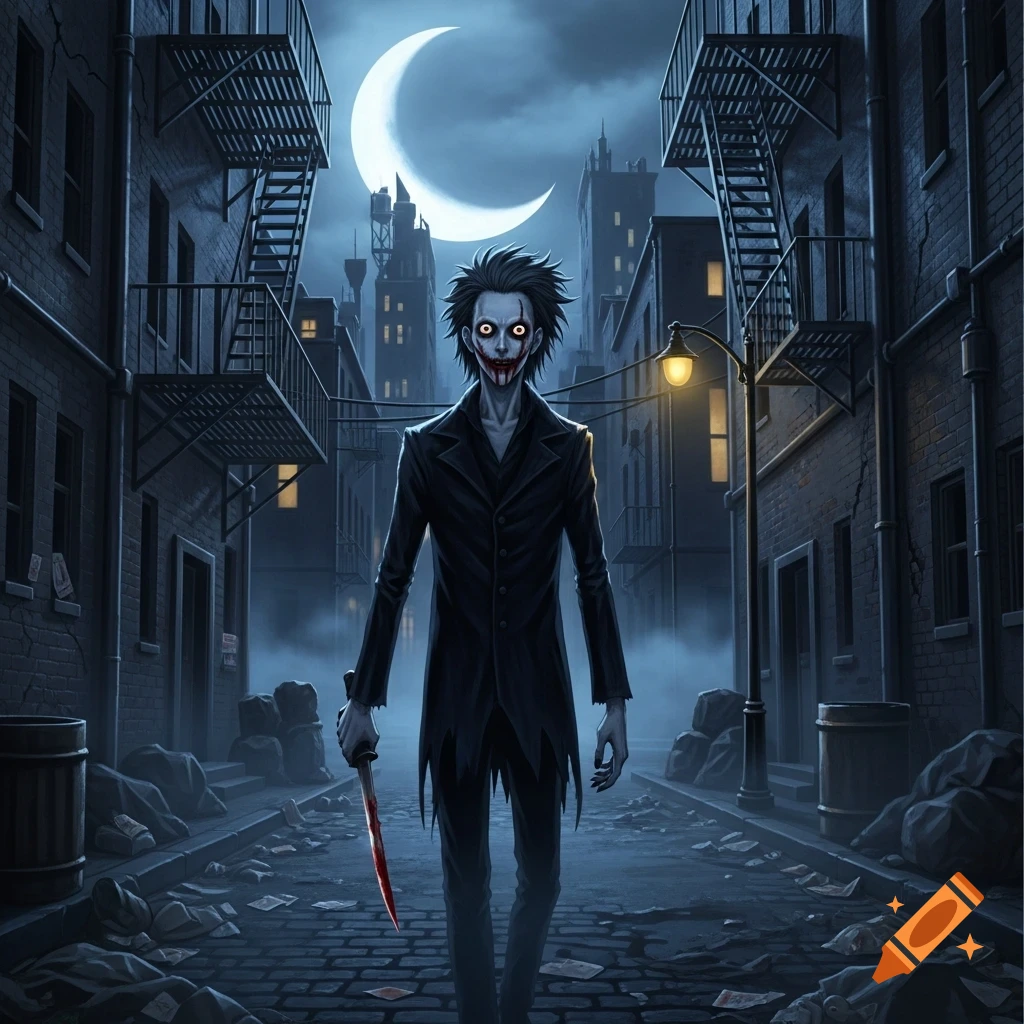 An anime-style horror character with a bloody smile, white eyes, and a knife walks down a dark, misty city alley under a crescent moon.
