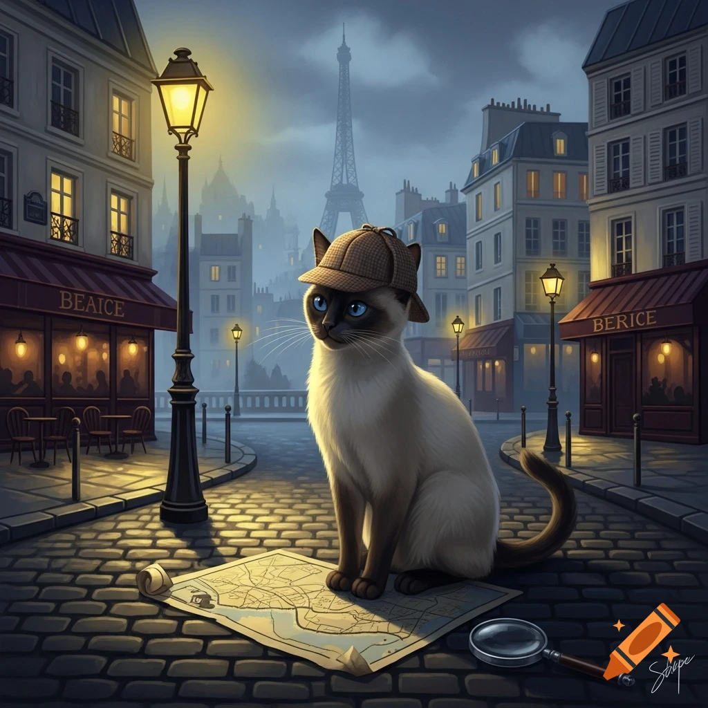 A Siamese cat wearing a tweed detective hat sits on a cobblestone street in Paris at dusk, looking at a map. The Eiffel Tower is in the background, with illuminated buildings and lampposts lining the street.