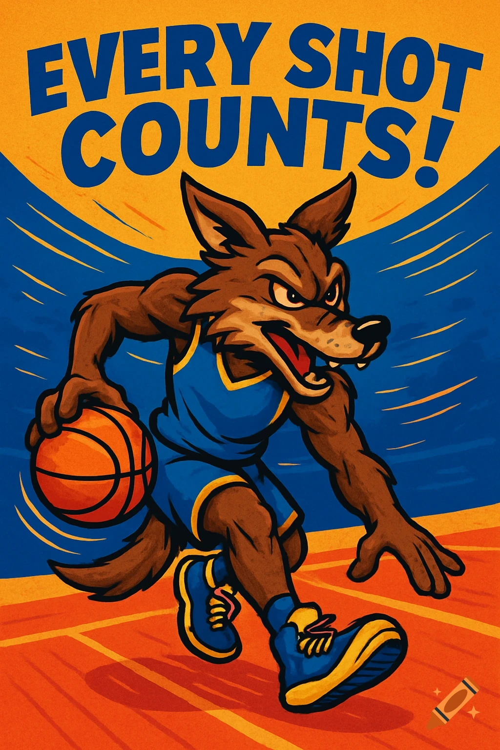 Vibrant cartoon basketball poster featuring a fierce coyote mascot dribbling, with 'EVERY SHOT COUNTS!' text.