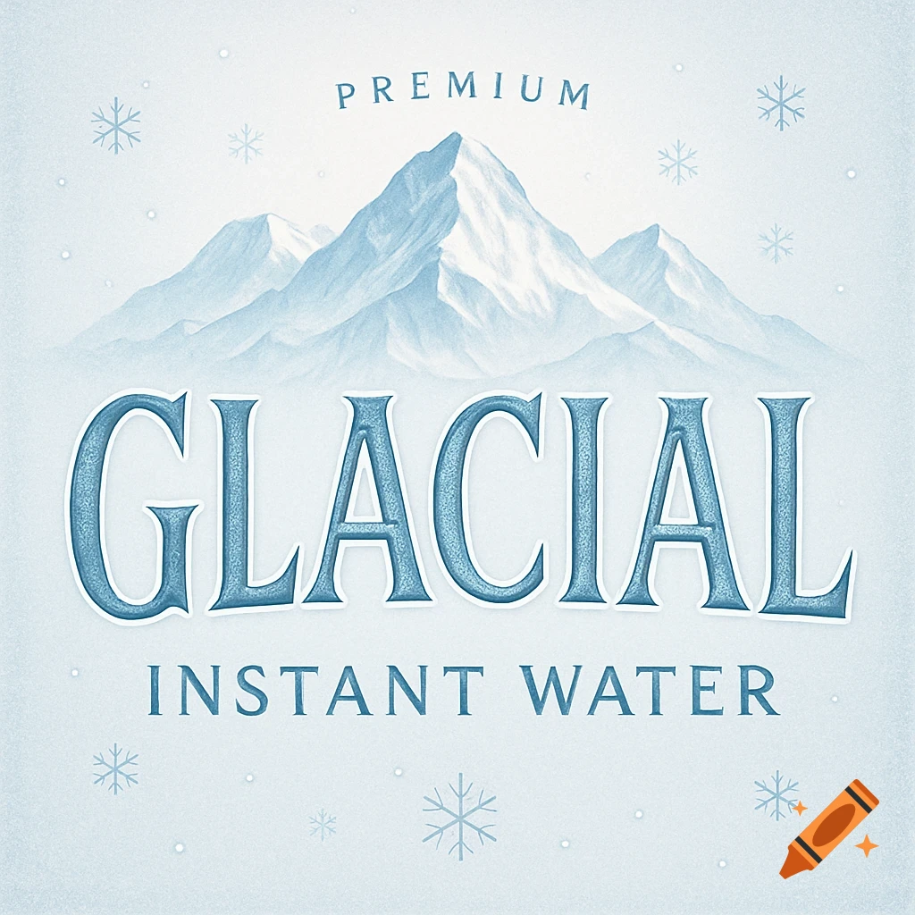 A product label for Glacial Instant Water featuring snowy blue mountains, snowflakes, and the text "Premium Glacial Instant Water".