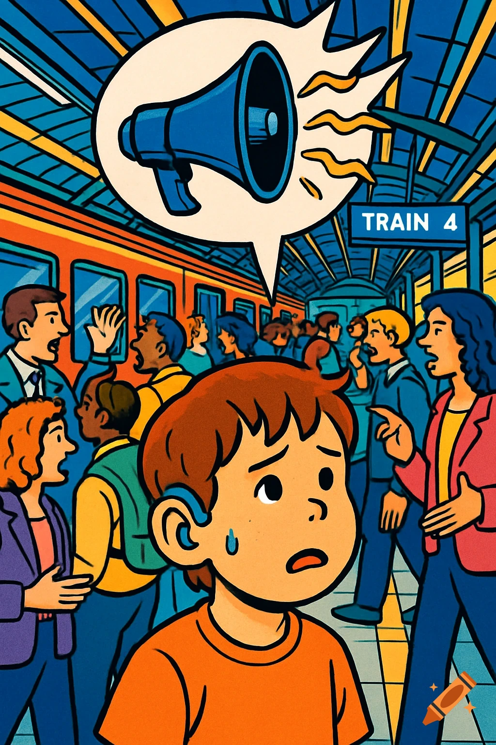 A distressed child with a hearing aid on a busy train platform, overwhelmed by the noise from a megaphone and talking people, in a vibrant comic style.