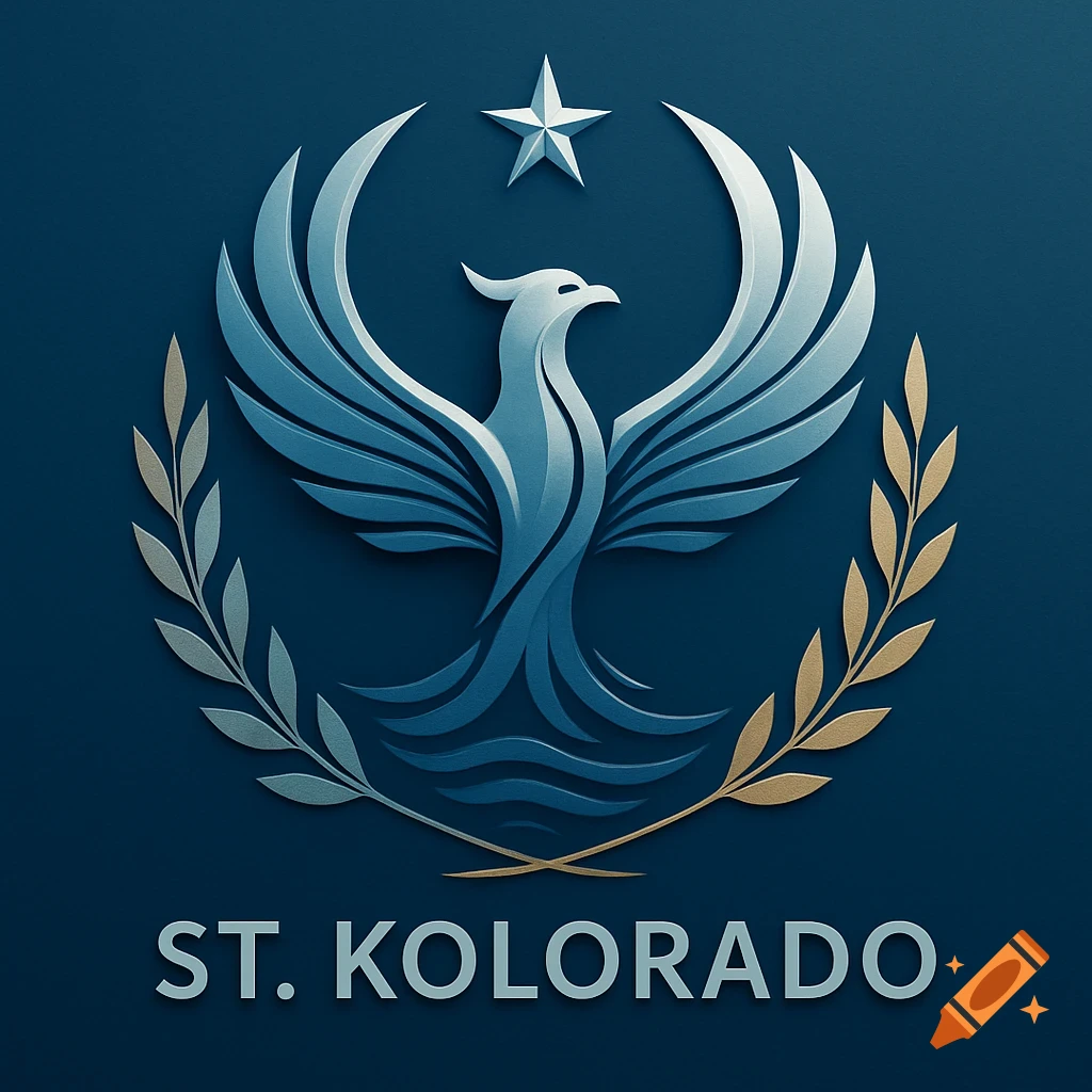 Modern blue and silver phoenix logo with a star and olive branches, above the text 'ST. KOLORADO' on a dark blue background.