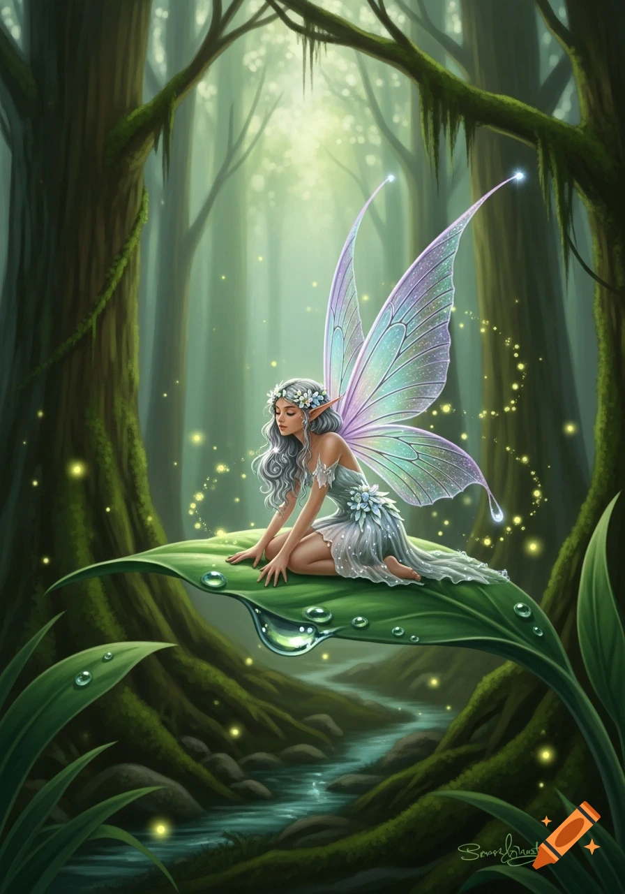 A beautiful fairy with gray hair and iridescent wings sits on a large green leaf with dewdrops in a mystical, lush forest bathed in soft light.
