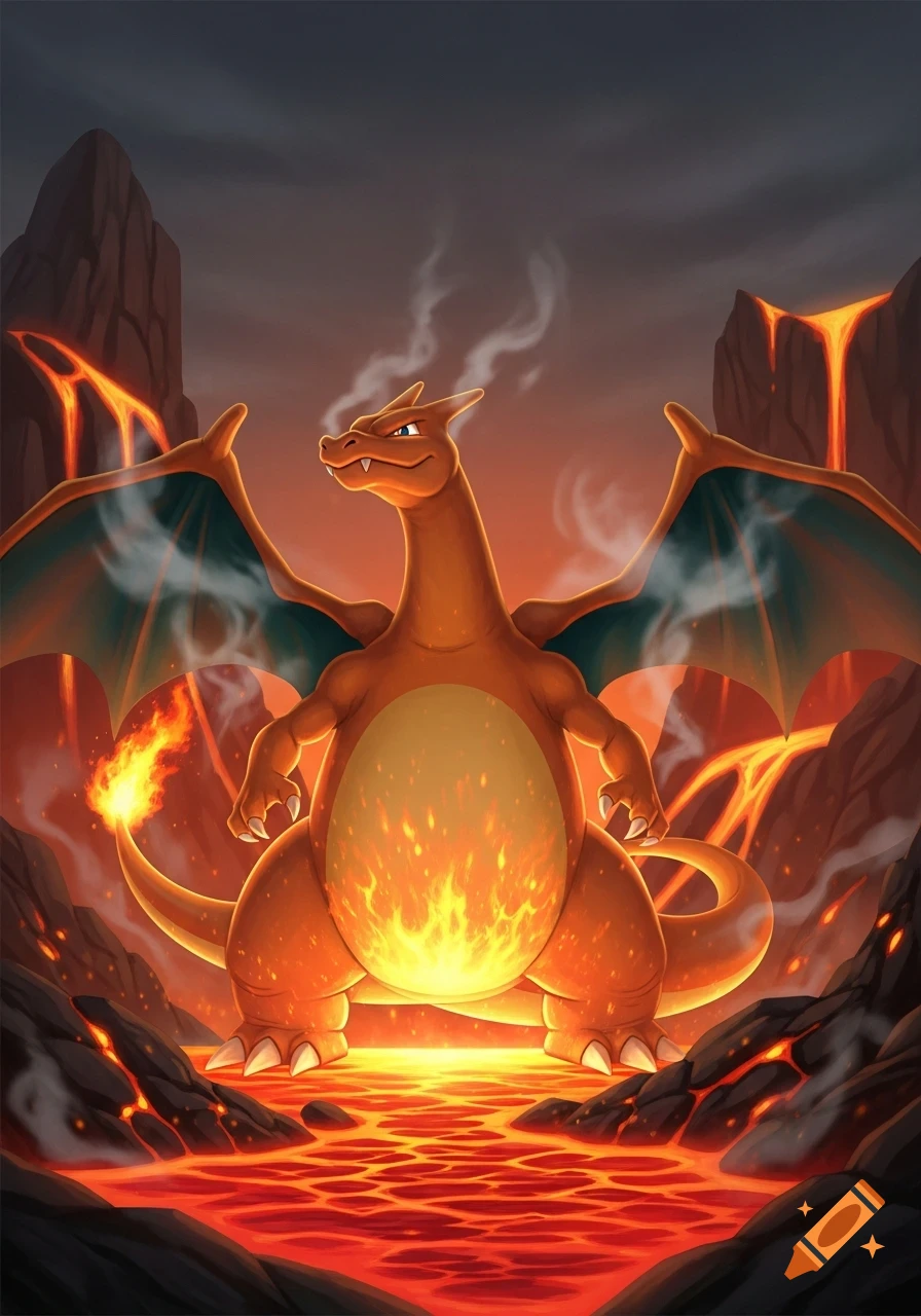 A big-bellied Charizard stands in a glowing river of lava, with erupting volcanoes in the background under a smoky sky.