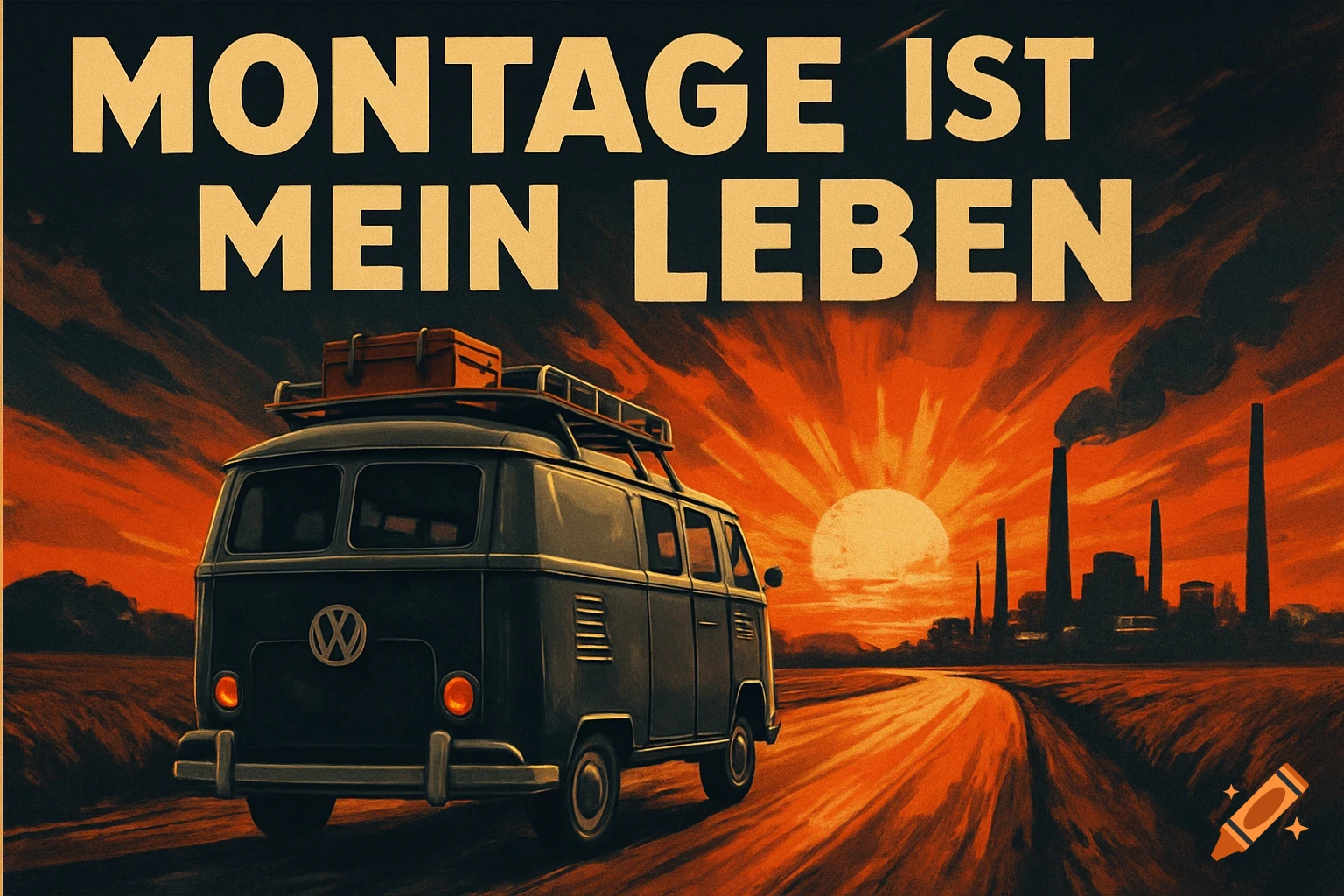 Retro poster of a dark blue VW van driving towards an orange sunset over industrial factories, with 'MONTAGE IST MEIN LEBEN' text.