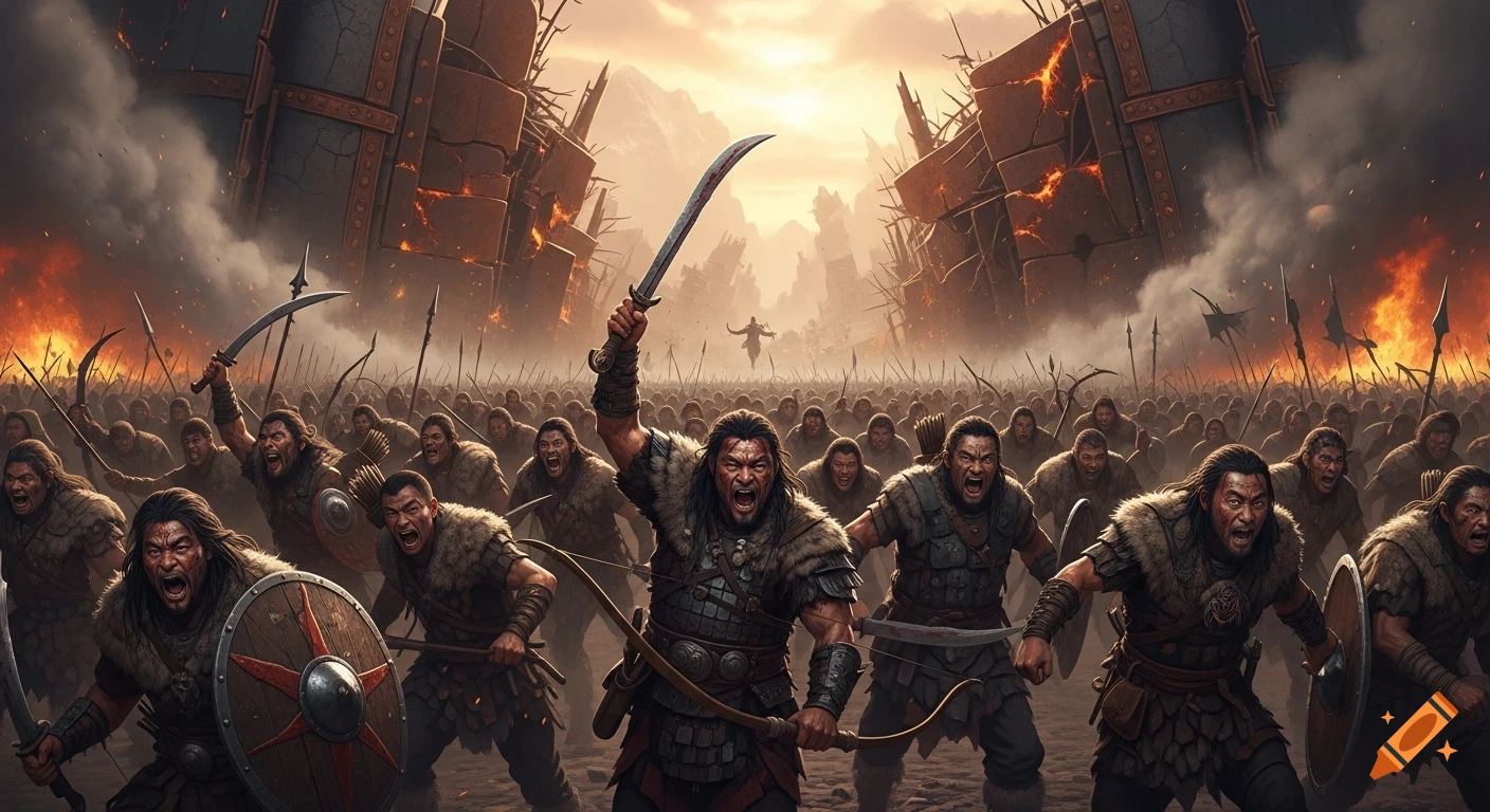 A massive army of ferocious warriors charges in an apocalyptic landscape with a ruined wall, smoke, and fire under a blood-red sky.