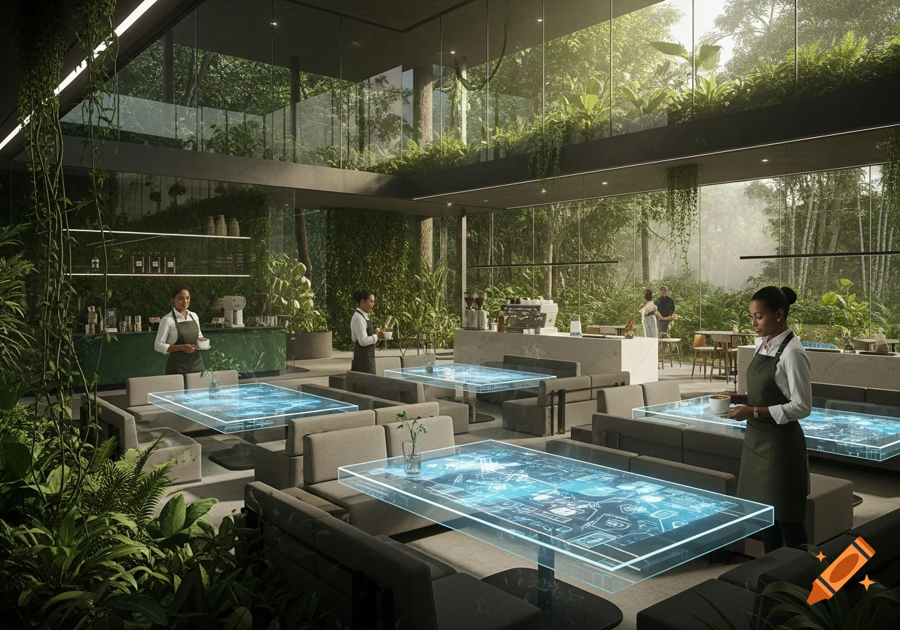 A futuristic coffee shop with glowing holographic tables, lush indoor plants, and floor-to-ceiling windows looking out onto a jungle.