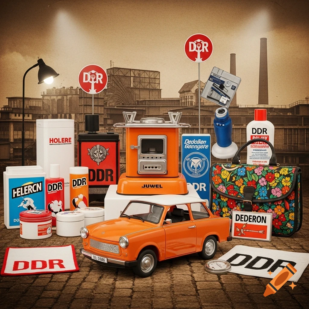 A still life arrangement of vintage-style products, including an orange toy car, a mini stove, bottles, and a floral bag, against an industrial backdrop.