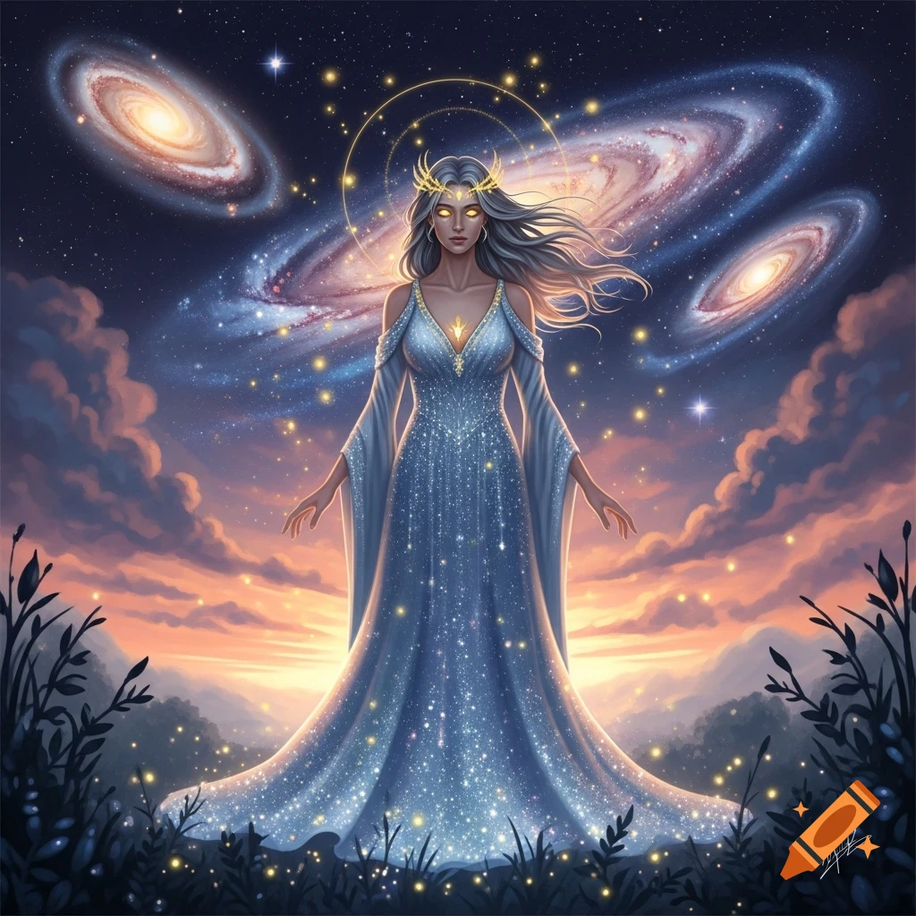 A full-body fantasy illustration of a goddess with glowing eyes and a crown, wearing a sparkling blue gown, standing under a cosmic sky with galaxies and a sunset horizon.