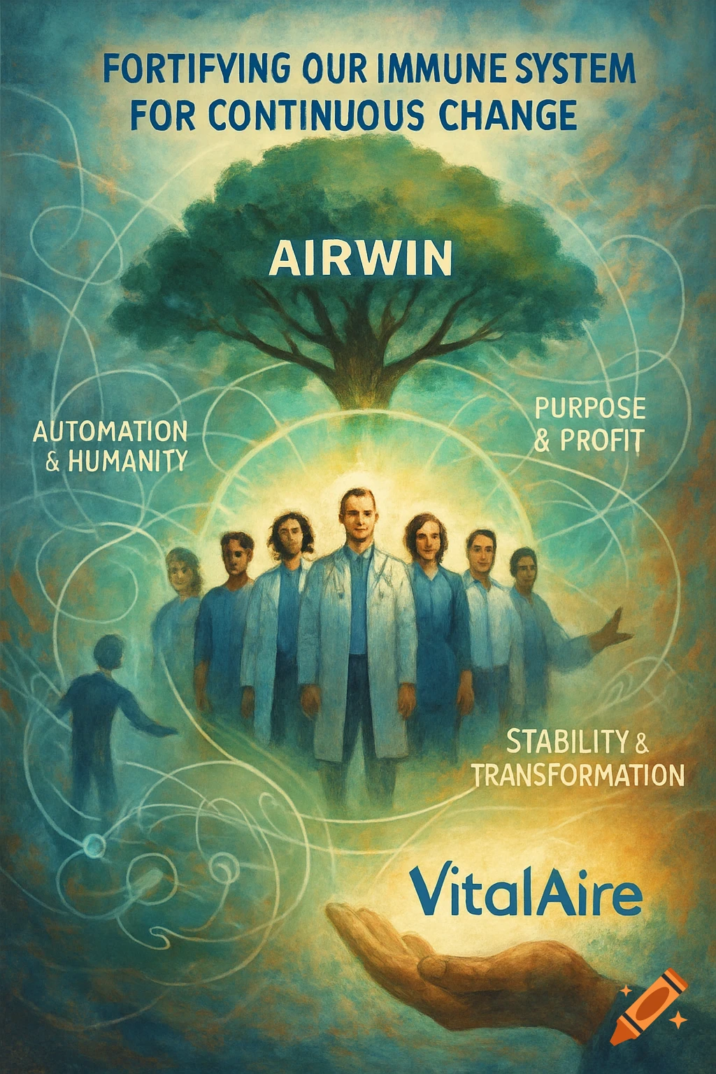 Conceptual painting featuring a tree, healthcare workers, a hand, and swirling lines with strategic text like "AIRWIN" and "VitalAire".