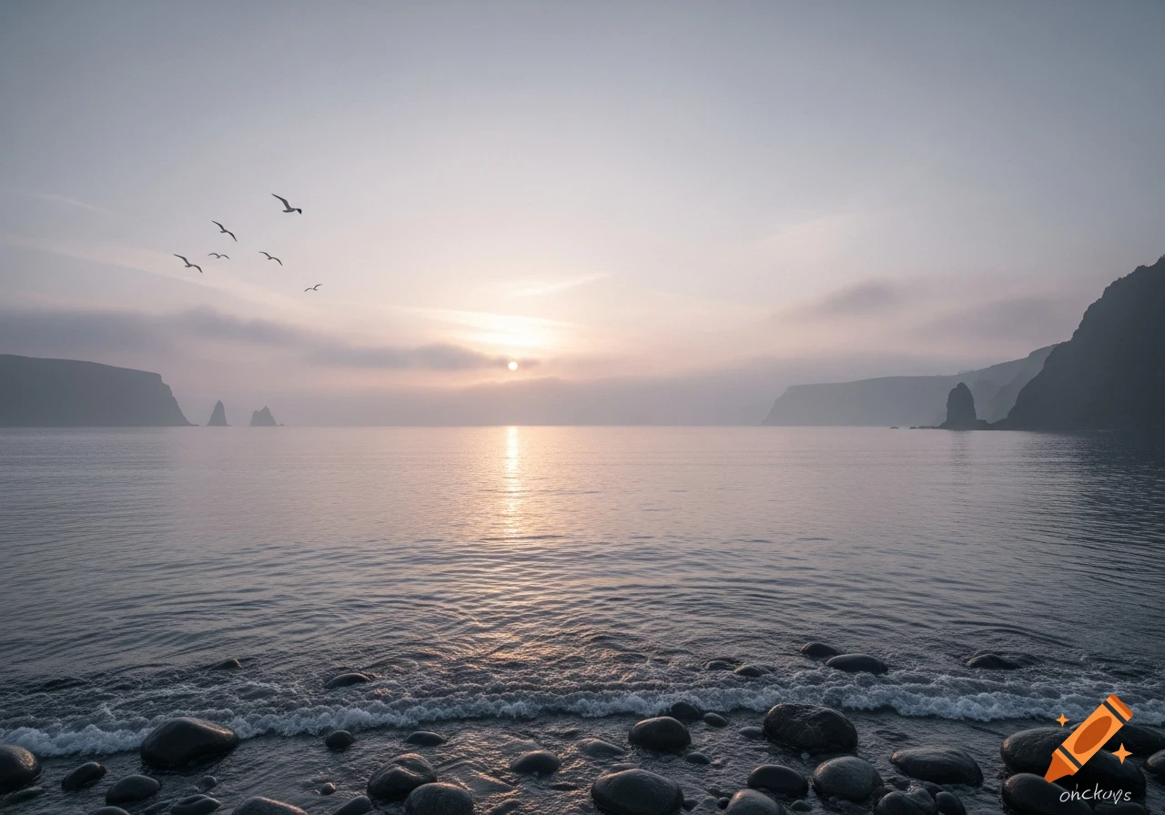 A tranquil coastal scene at sunrise or sunset, with a rocky beach, gentle waves, misty cliffs, and birds flying across a soft sky.