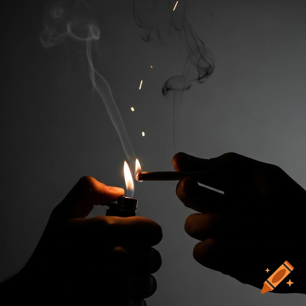 Two hands in silhouette, one lighting a joint with a lighter, smoke rising against a dark background.