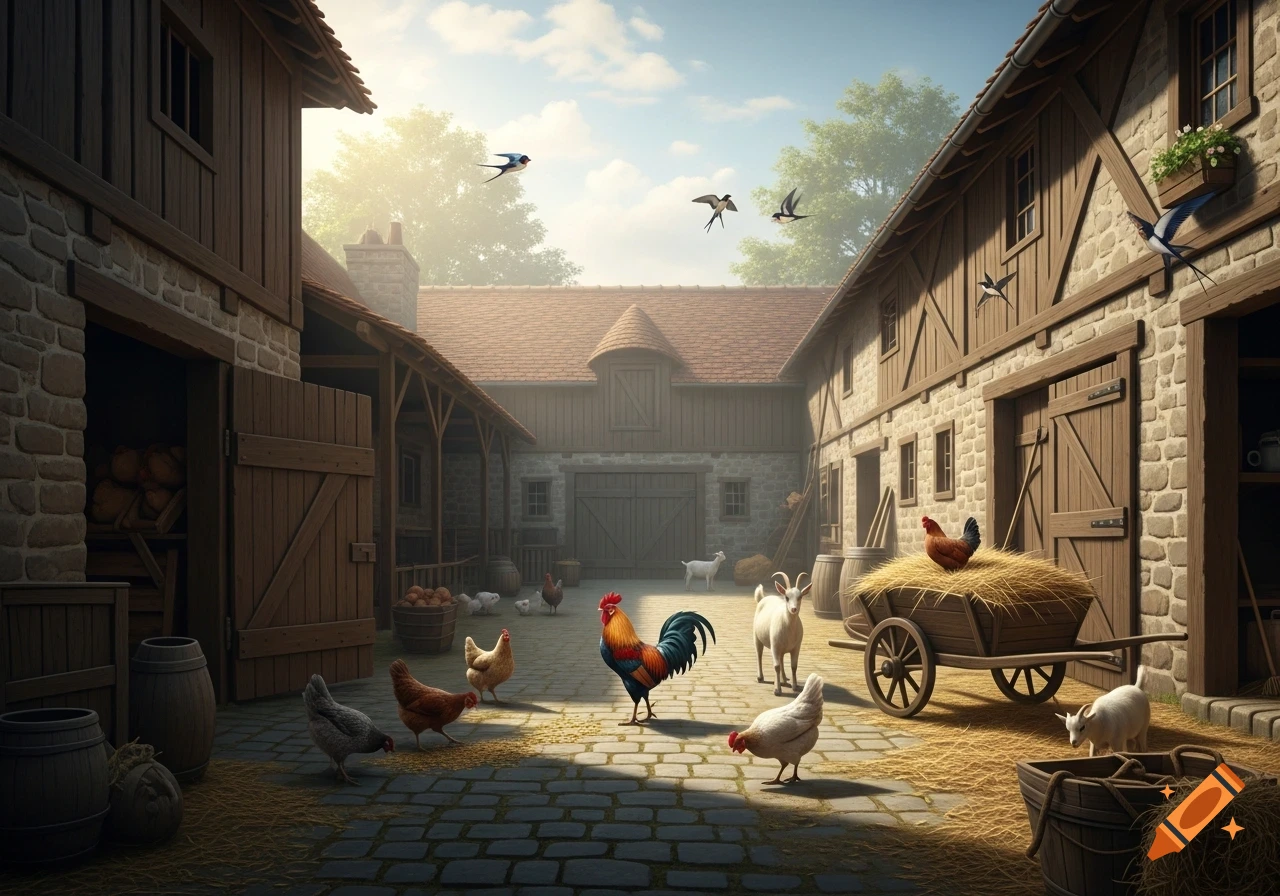 An old farmyard scene with stone and wooden barns, a rooster, chickens, and goats on cobblestone, under a bright sky with swallows flying.