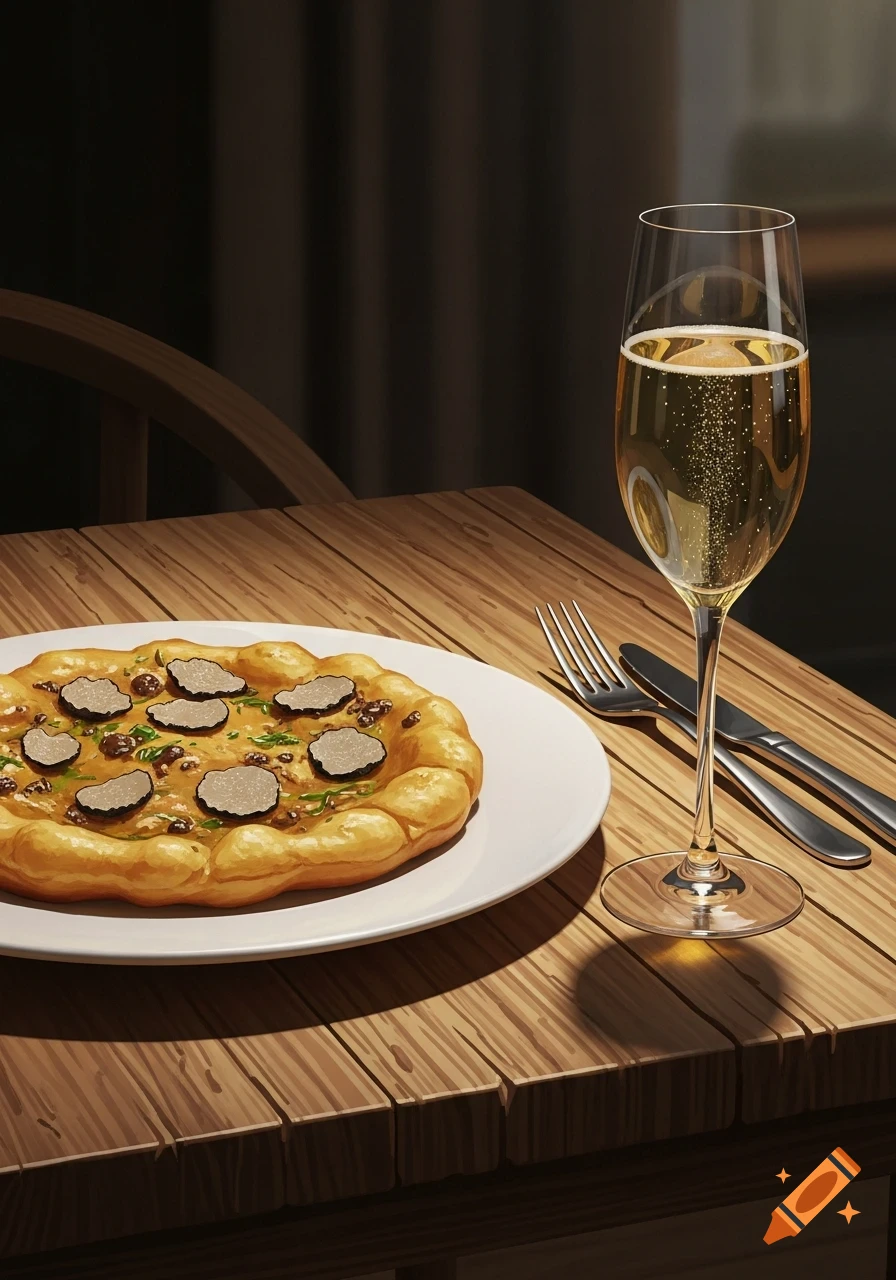 A truffle flatbread on a white plate sits next to a glass of champagne on a wooden table.