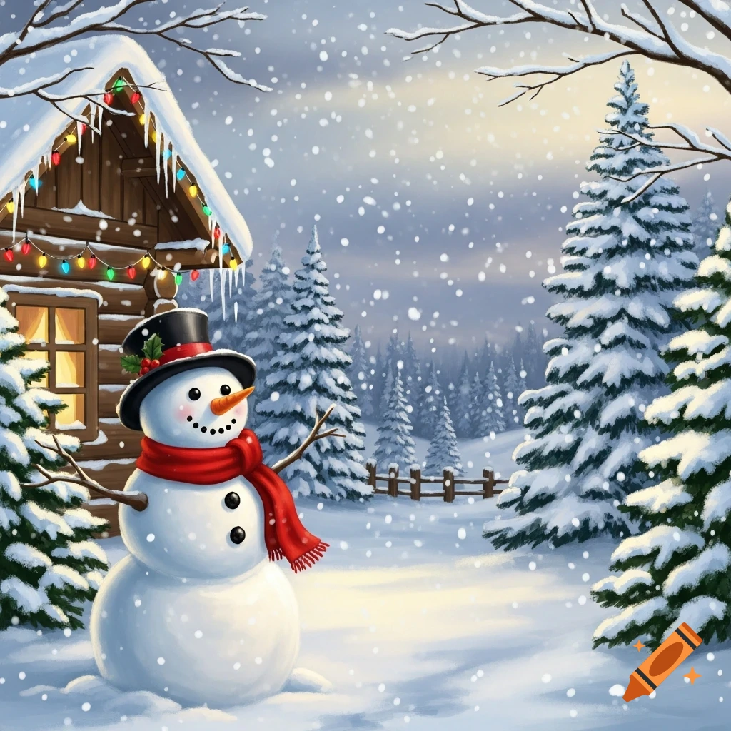 A smiling snowman with a top hat and red scarf stands in a snowy forest next to a decorated wooden cabin under falling snow.