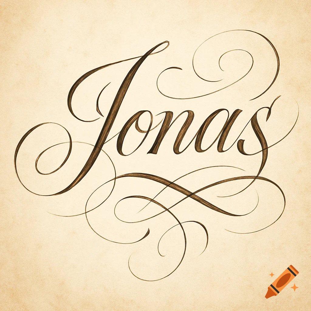 Calligraphic rendering of the name Jonas in dark brown script with flourishes on a textured light beige background.