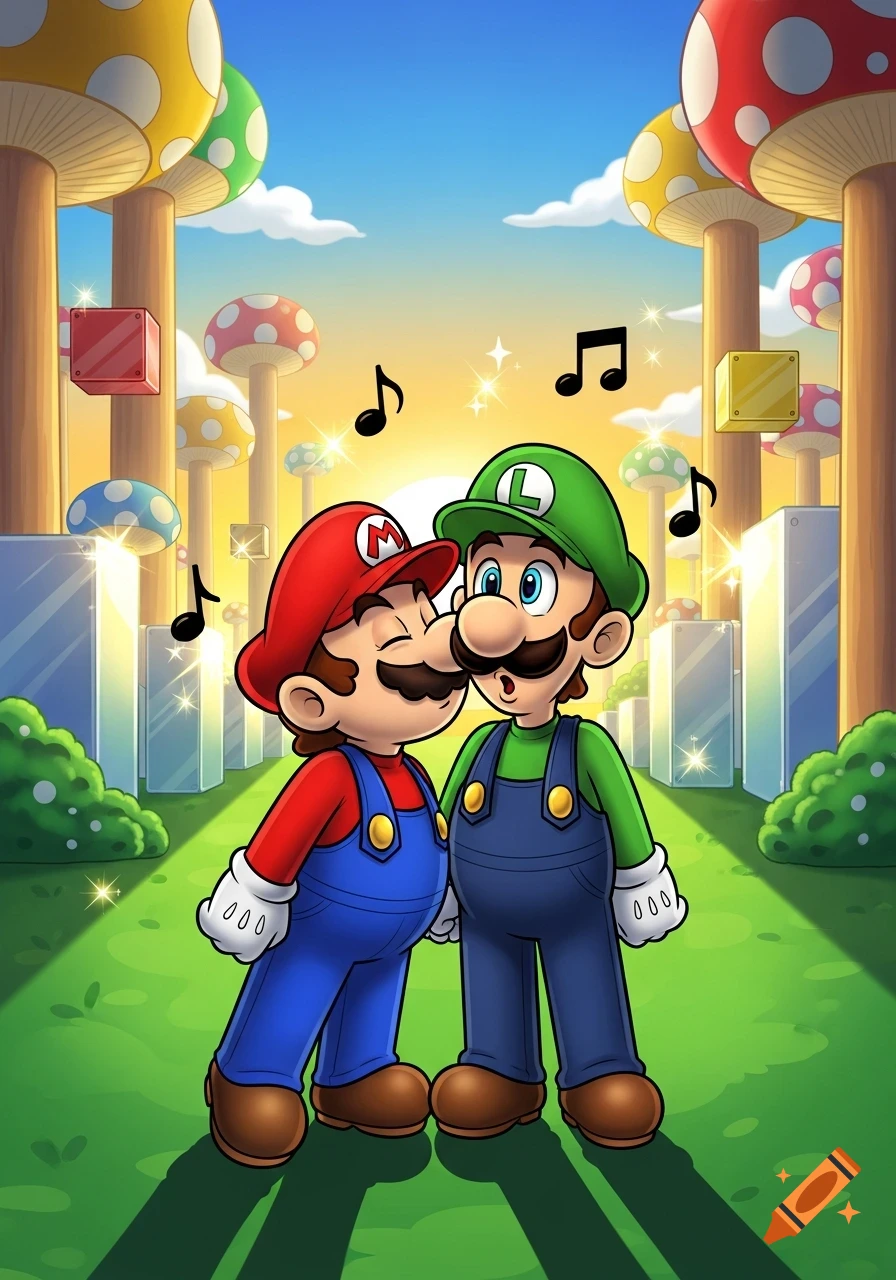 Cartoon of Mario and Luigi almost kissing, with musical notes, in a colorful mushroom kingdom at sunset.