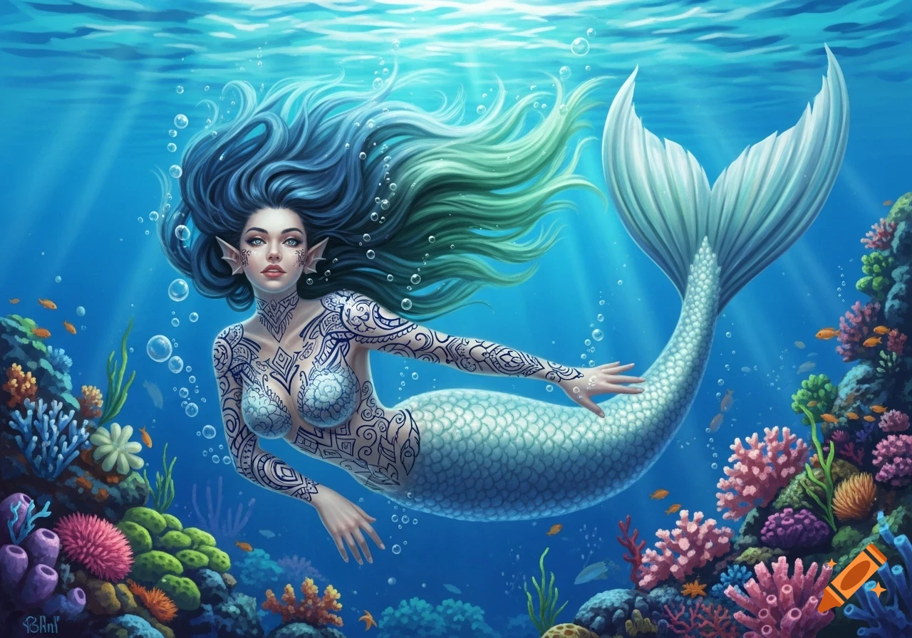 A beautiful mermaid with blue-green hair and intricate tribal tattoos swims gracefully in a vibrant coral reef, with sunlight streaming through the clear blue water.