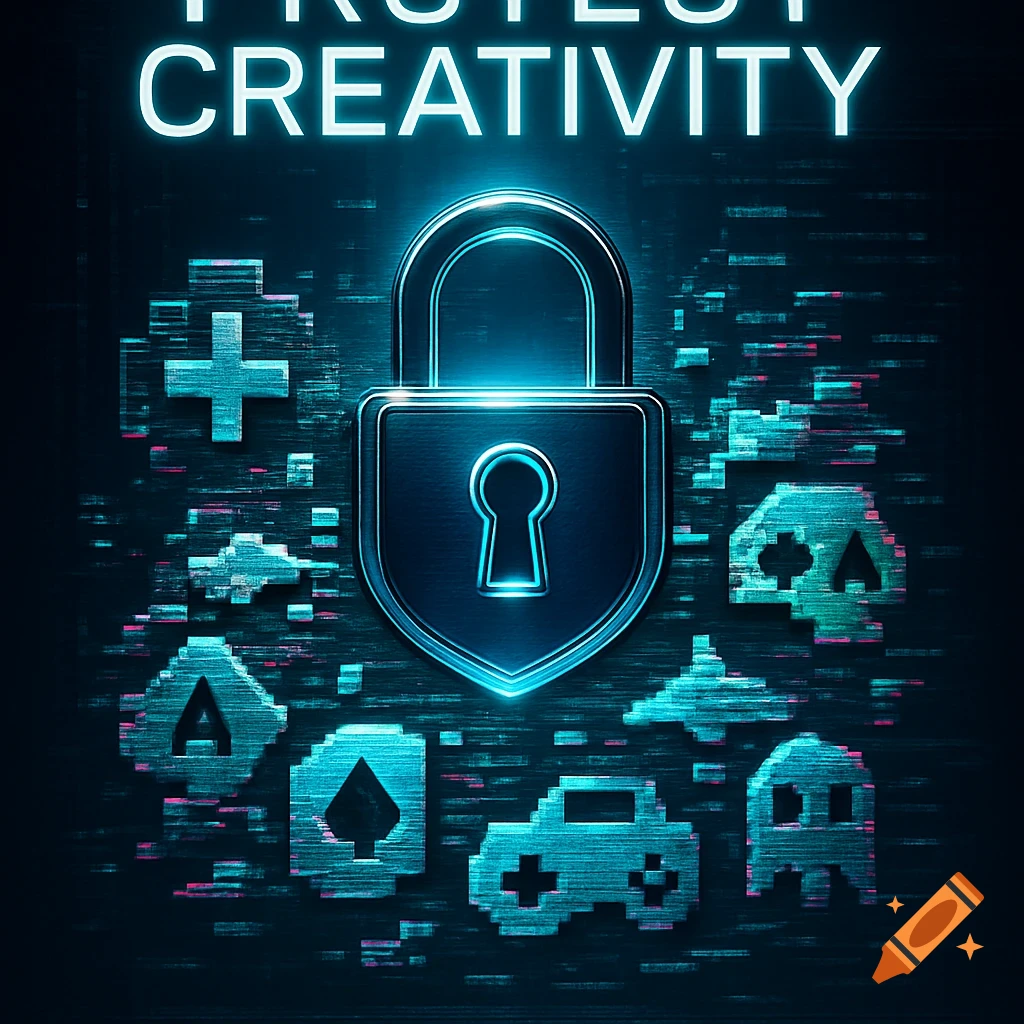 A glowing blue padlock surrounded by pixelated video game icons like a skull and ghost, with digital glitch effects and text "PROTECT CREATIVITY" above, against a dark background.
