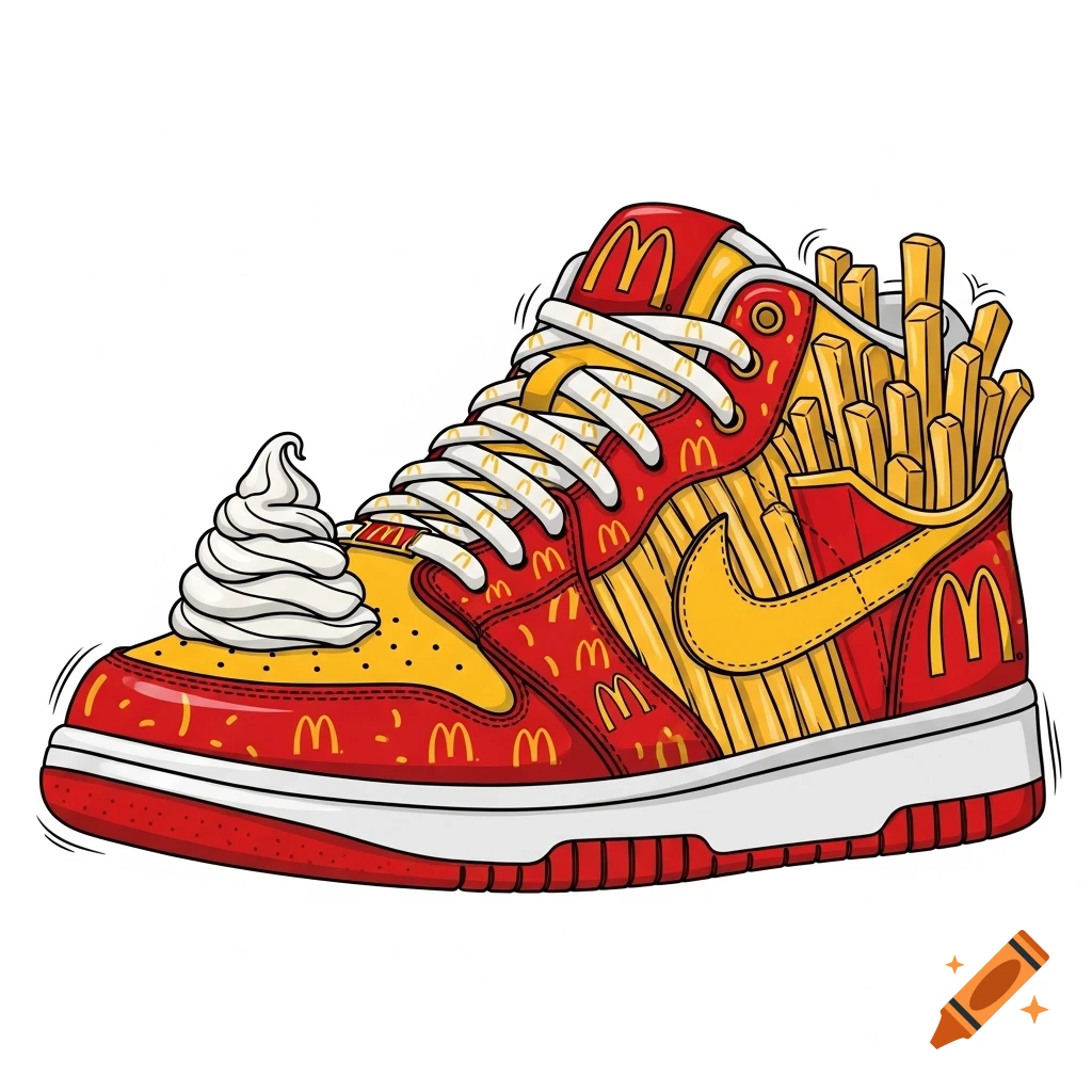 Cartoon illustration of a red and yellow high-top sneaker inspired by McDonald's, featuring french fries, a soft-serve swirl, and 'M' logos.
