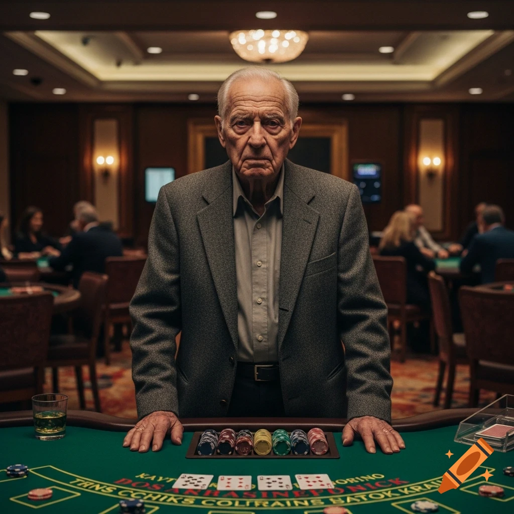 An old man with a somber expression stands at a green blackjack table with chips and cards in a dimly lit casino.