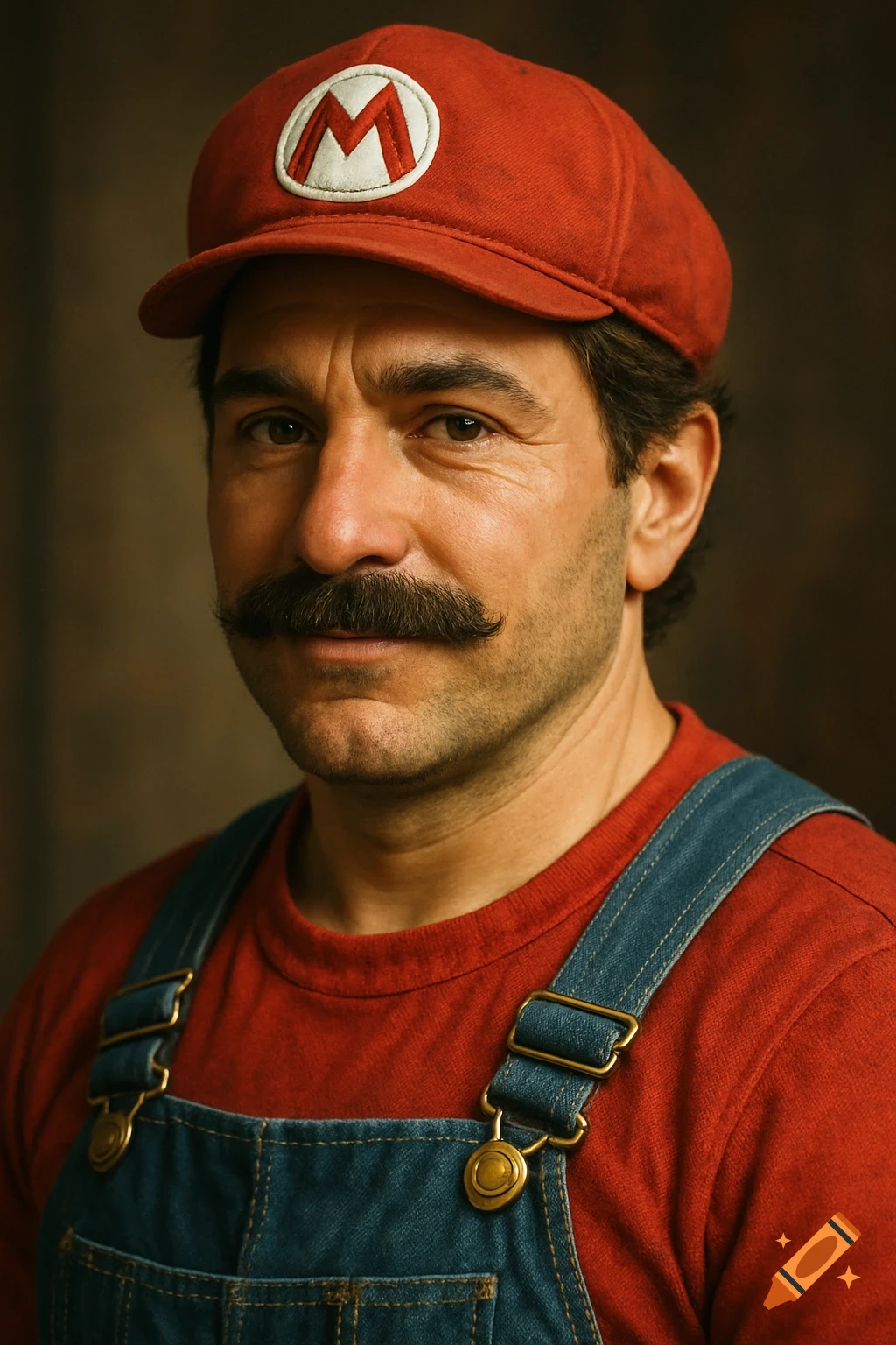 A realistic man with a thick mustache wears a red Mario cap with an 'M', a red shirt, and blue denim overalls.